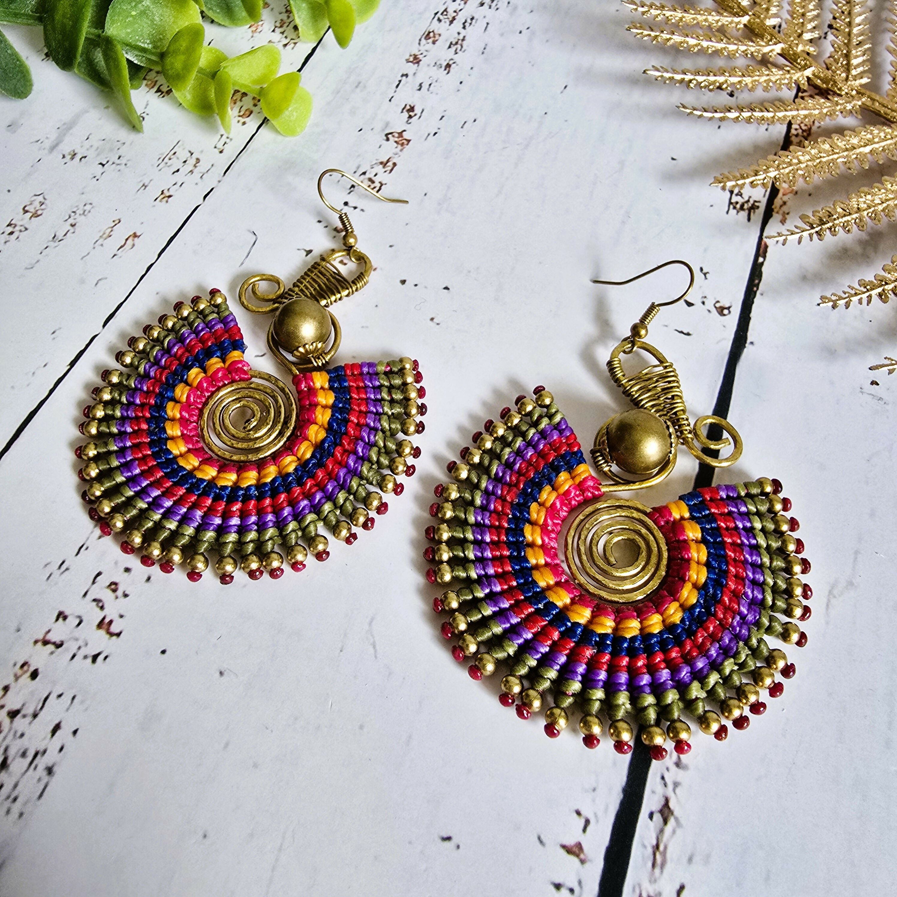 Rainbow Macrame Earrings: Gold Brass Spiral Boho Statement Earrings