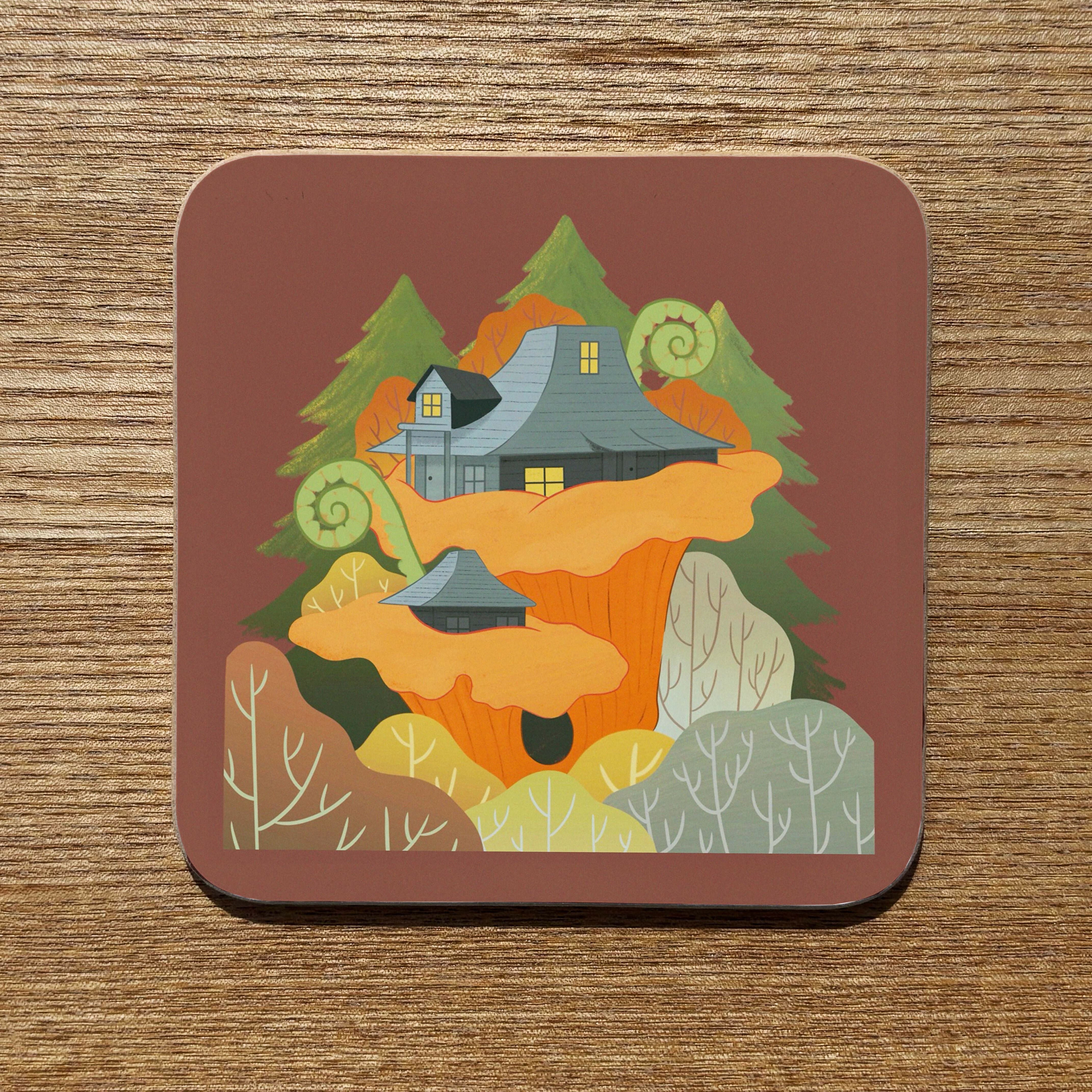 Cottagecore Mushroom House Coaster - Chanterelle Clifftop