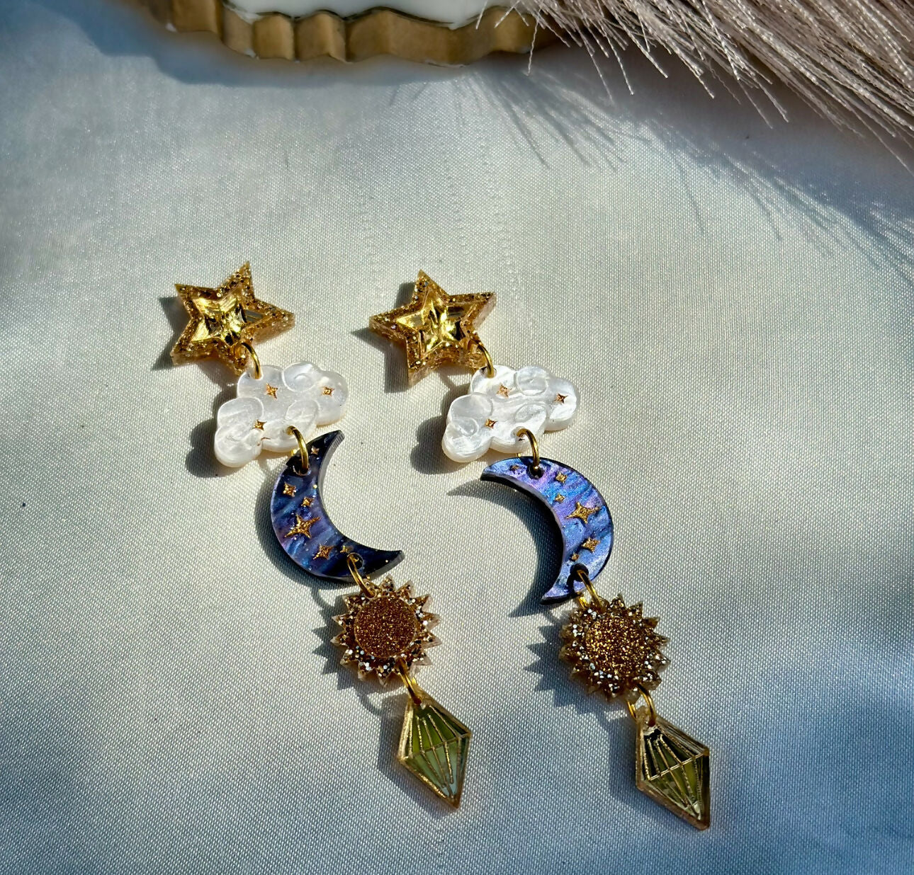 Dreamy, Celestial, Sun, Moon And Star Dangly Statement Earrings