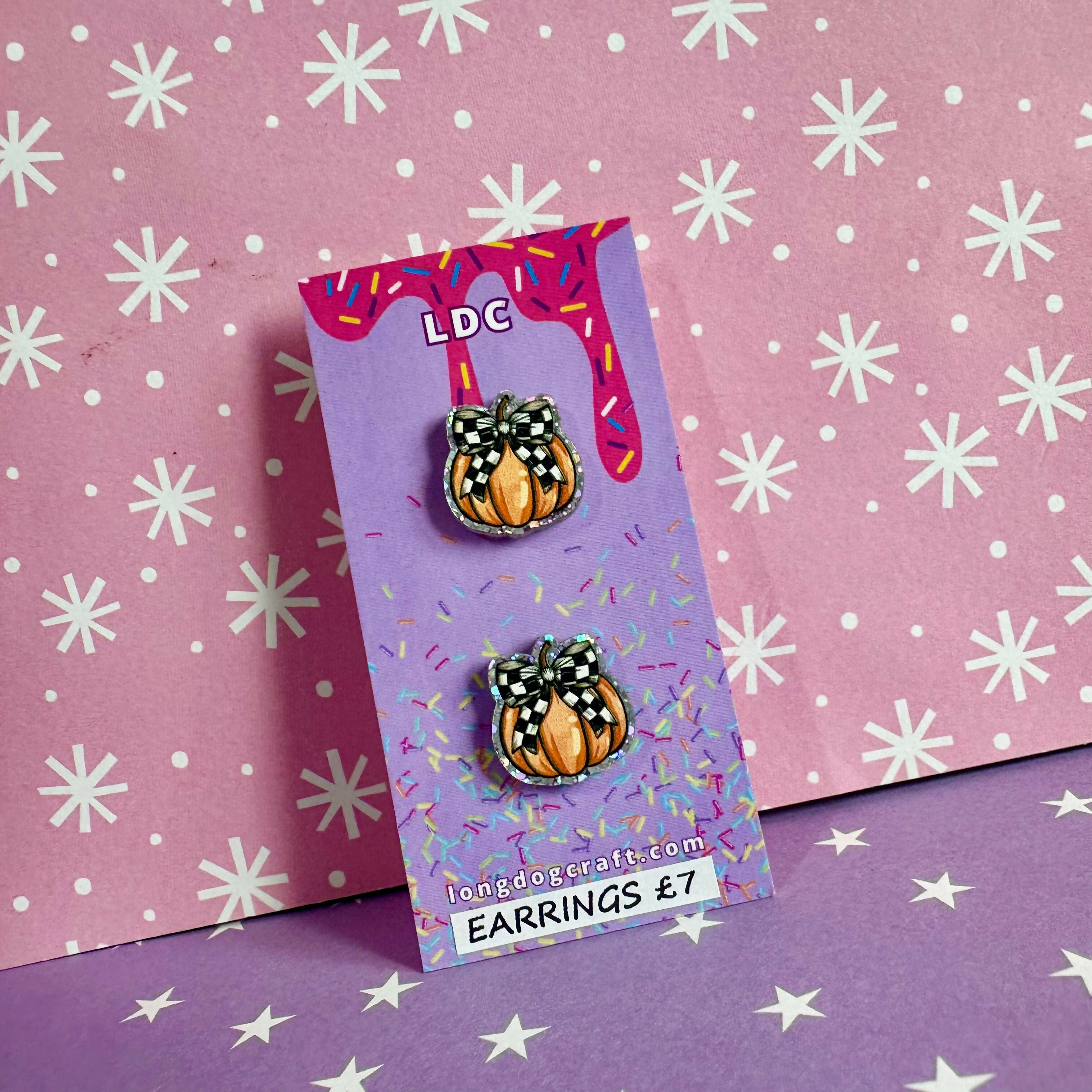 Acrylic Checker Bow Pumpkin Stud Earrings