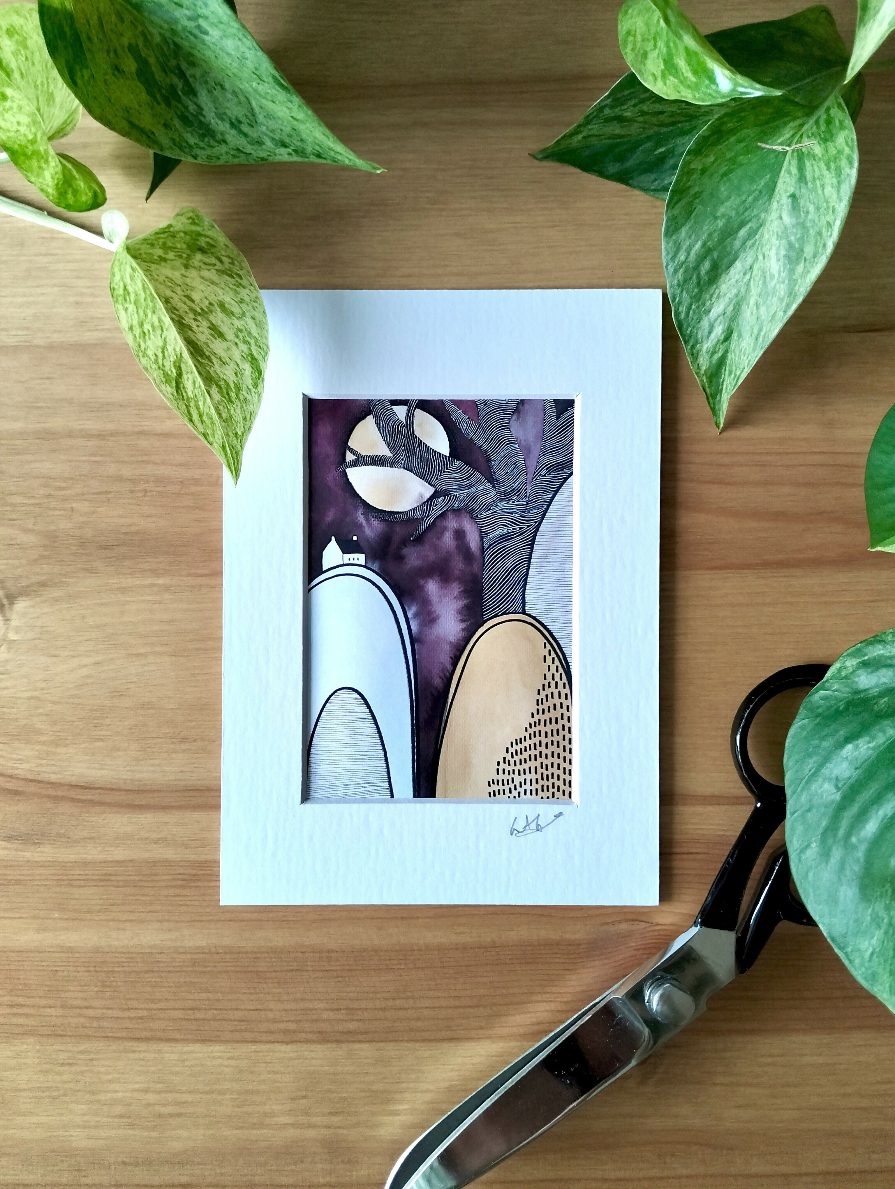 Signed Abstract Landscape Art Print | Tiny House, Full Moon