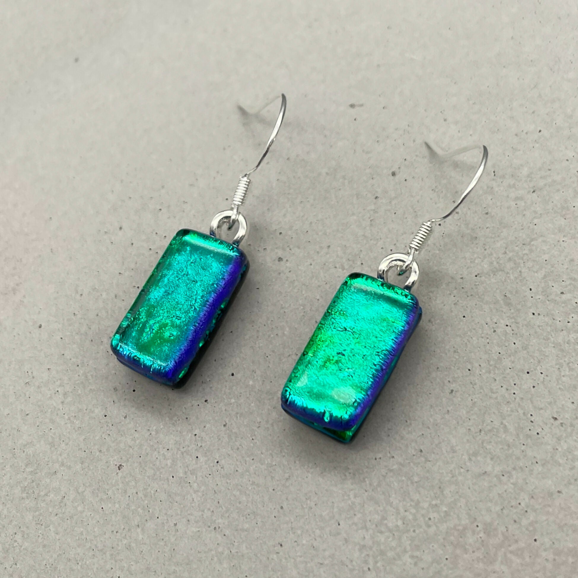 Emerald Green Dichroic Fused Glass Dangle Sterling Silver Earrings - Handmade by Jade Tapson Glass.
