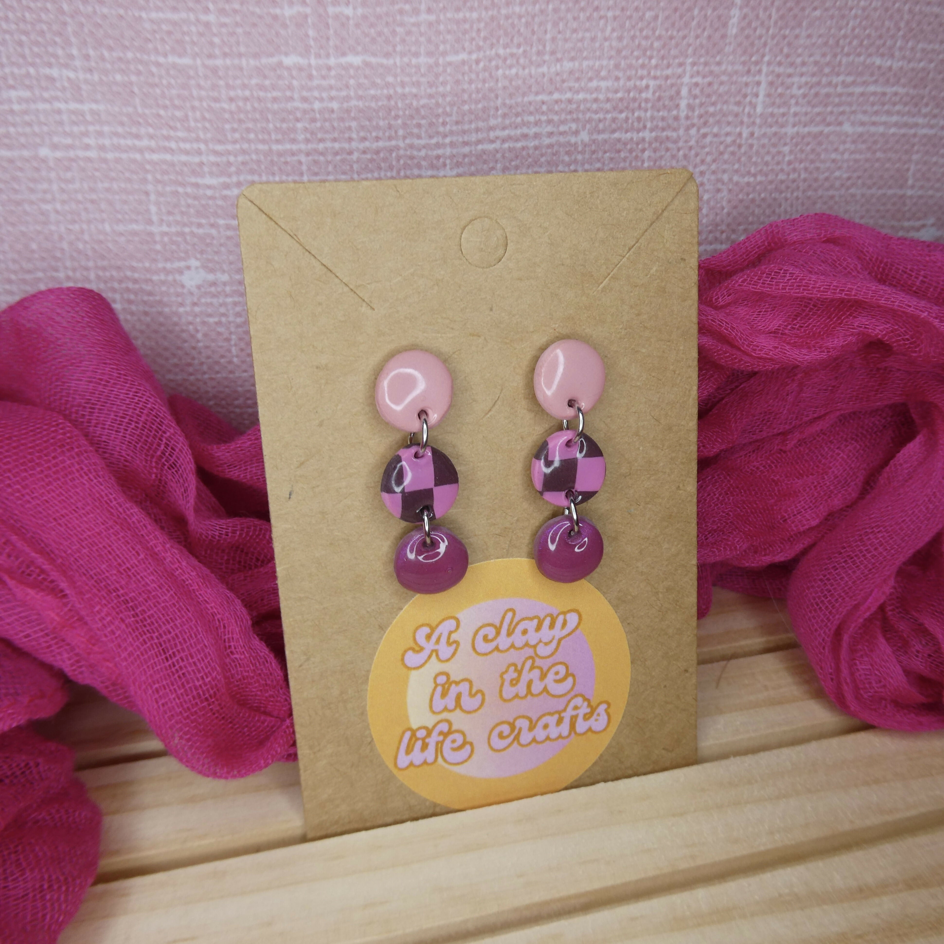 Small Pink And Burgundy Check Circle Polymer Clay Earrings