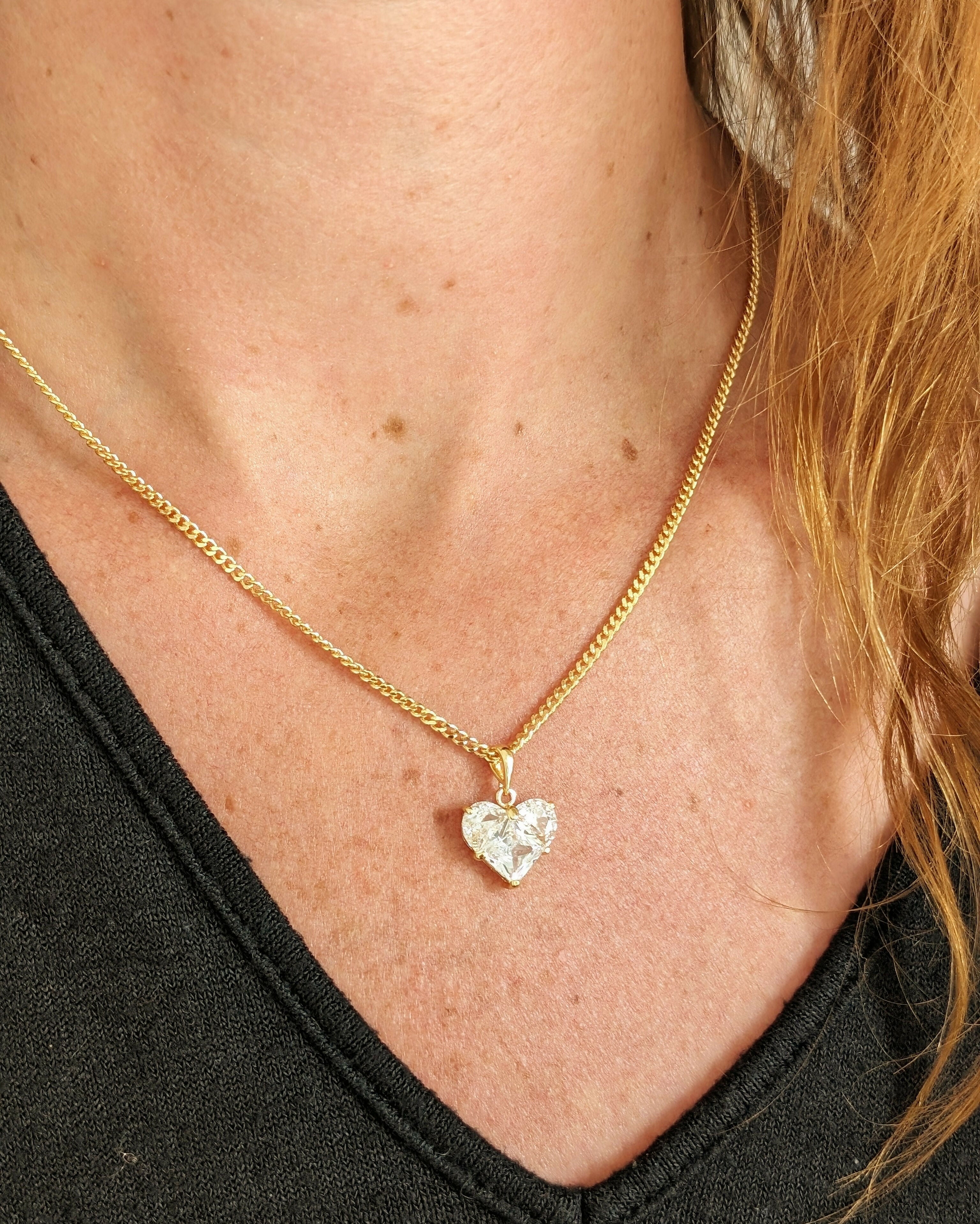 Clear Cubic Zirconia Heart Charm Necklace on a Gold Plated Chain
