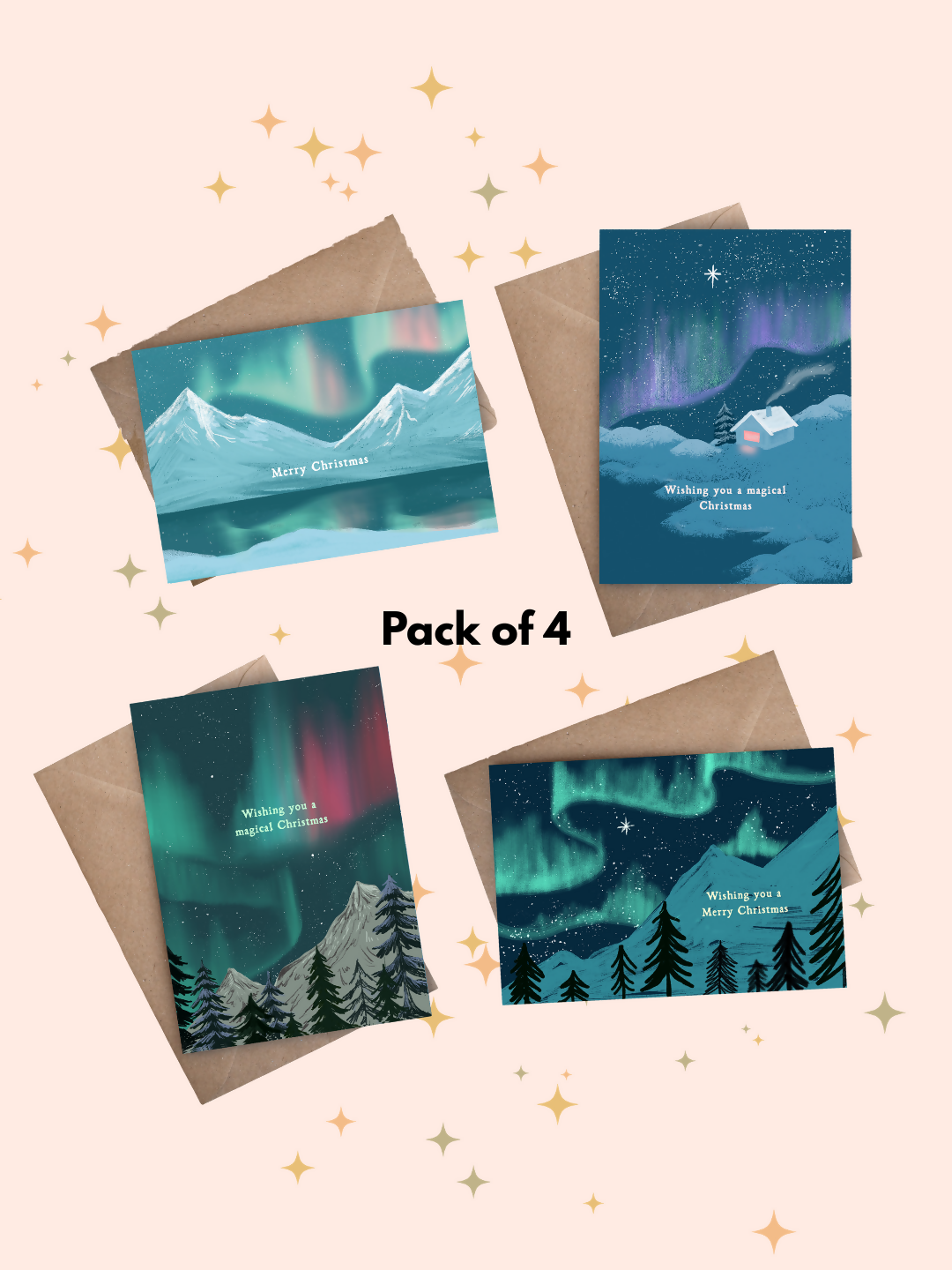 Illustrated Northern Lights Christmas Card 4 Pack