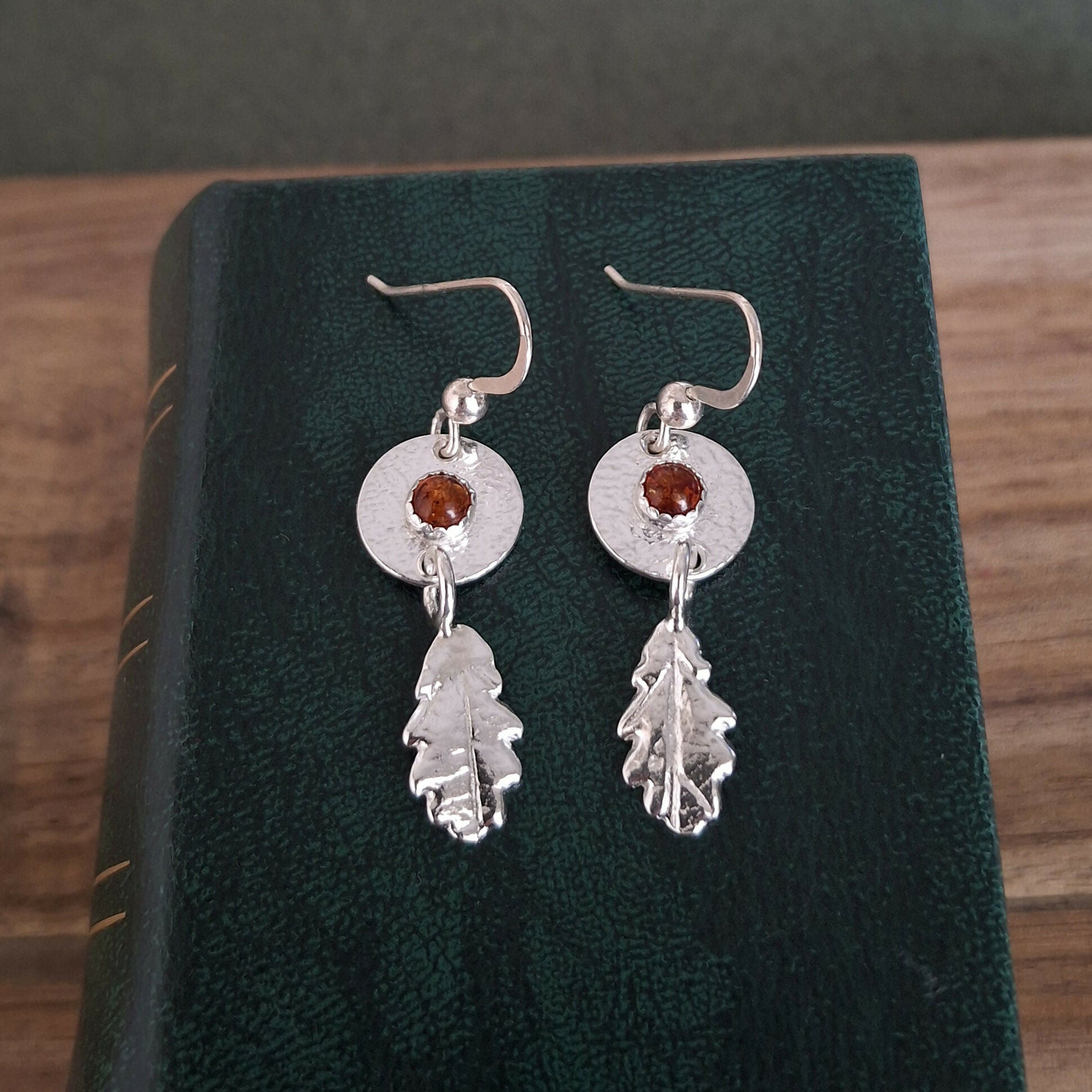 Handmade Silver Oak Leaf Earrings With Amber Stones