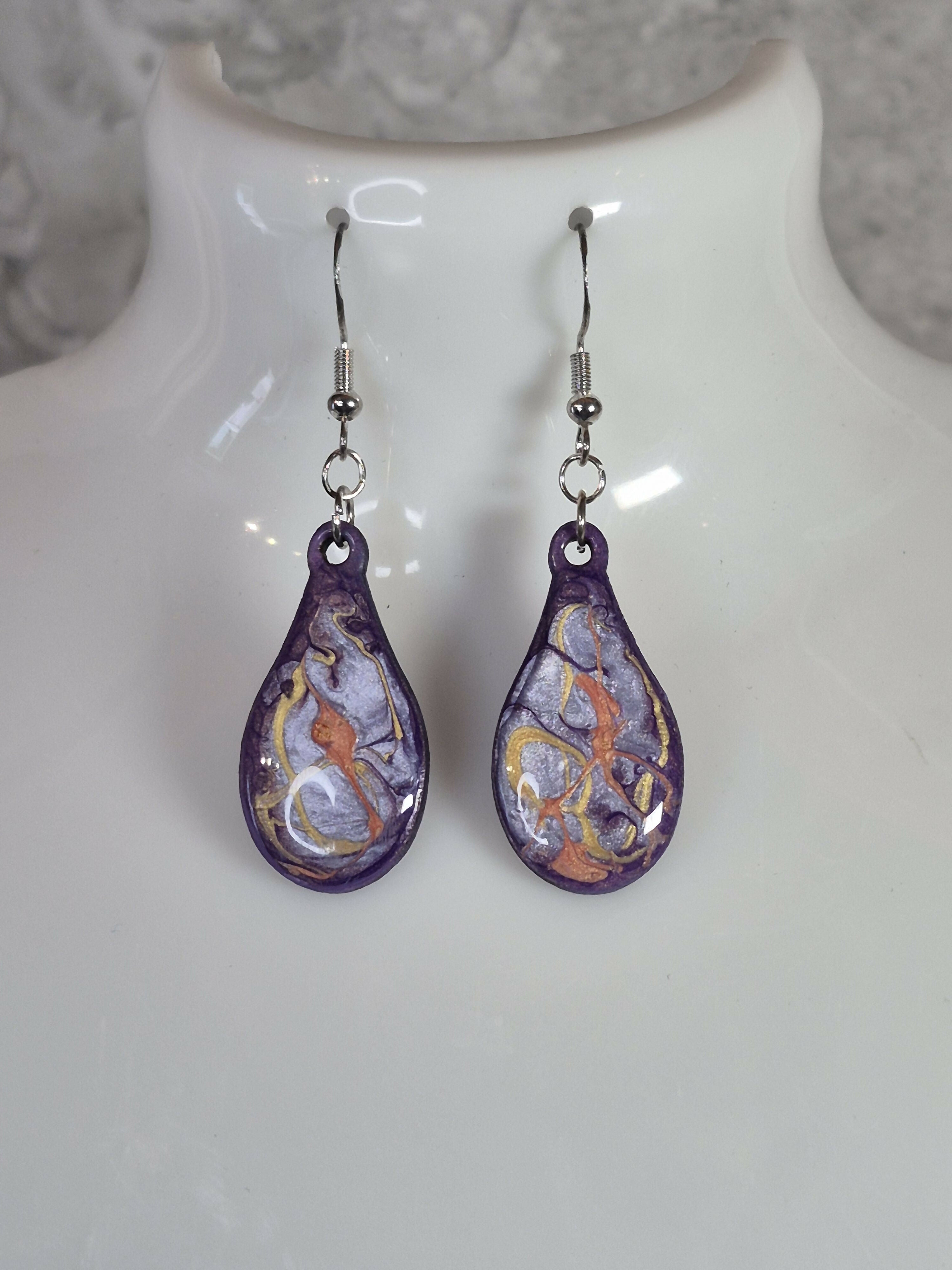 Handcrafted Tear Drop Purple, Silver, Gold And Orange Earrings