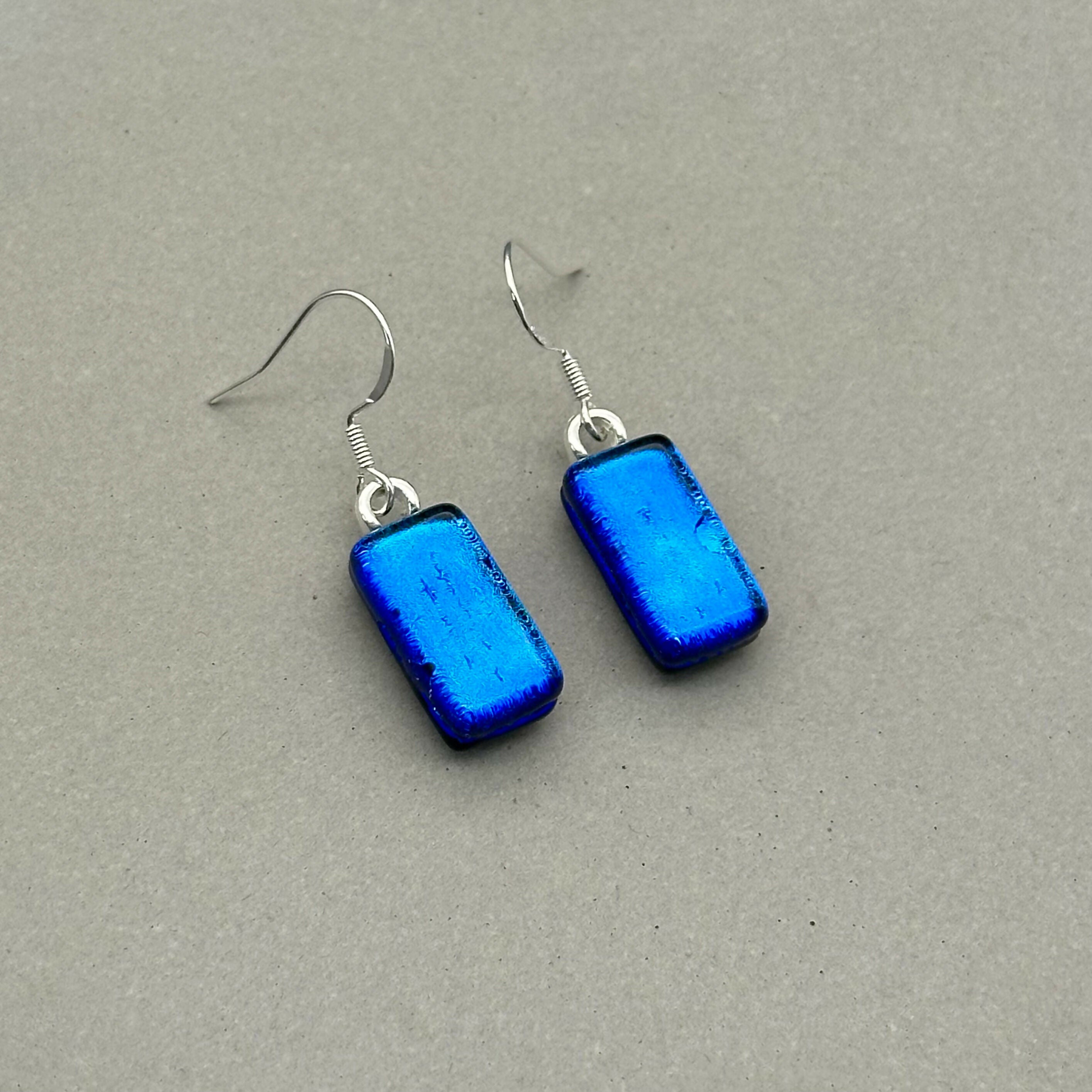 Mid Blue Dichroic Glass Necklace and Earrings Set - Sterling Silver, Handmade by Jade Tapson Glass.