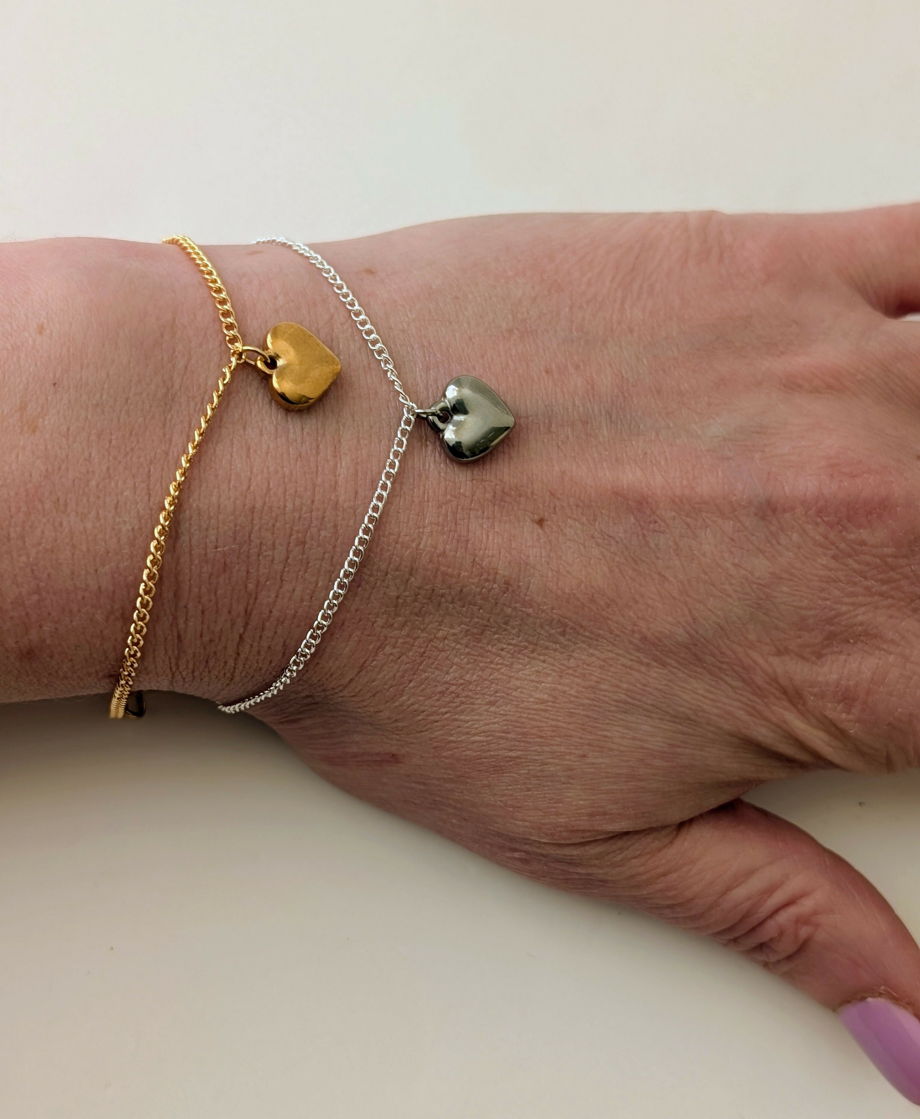 Chunky Gold 3D Heart Charm Bracelet on a Flat Gold Plated Chain