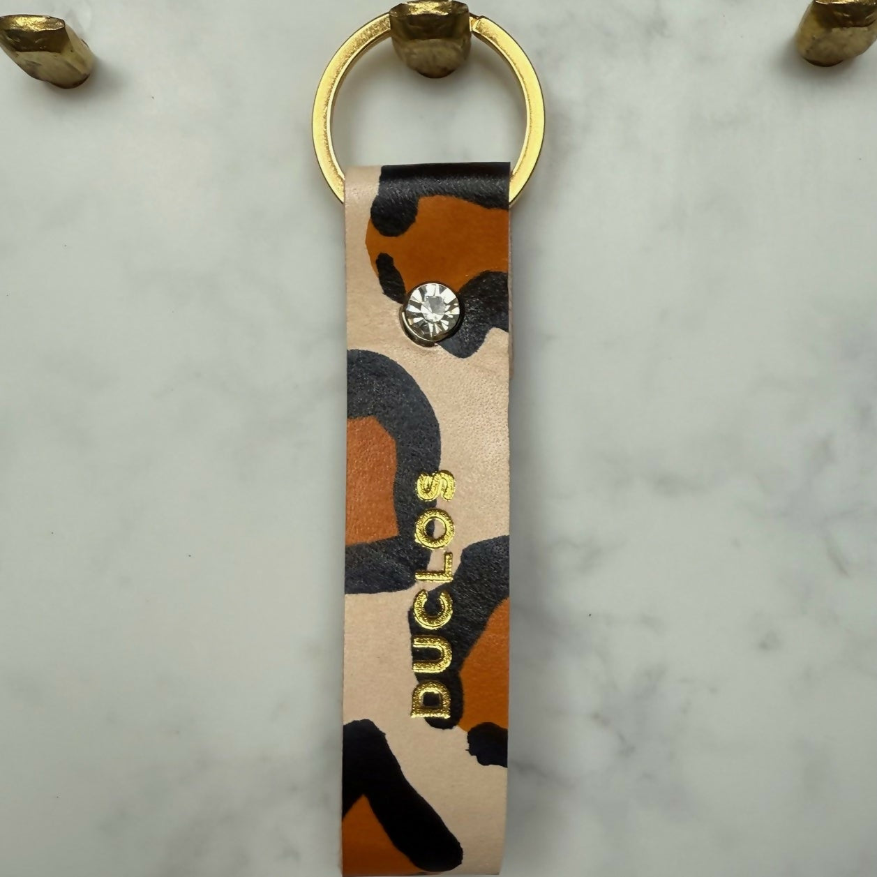 Hand Painted Leopard Key Ring Gold