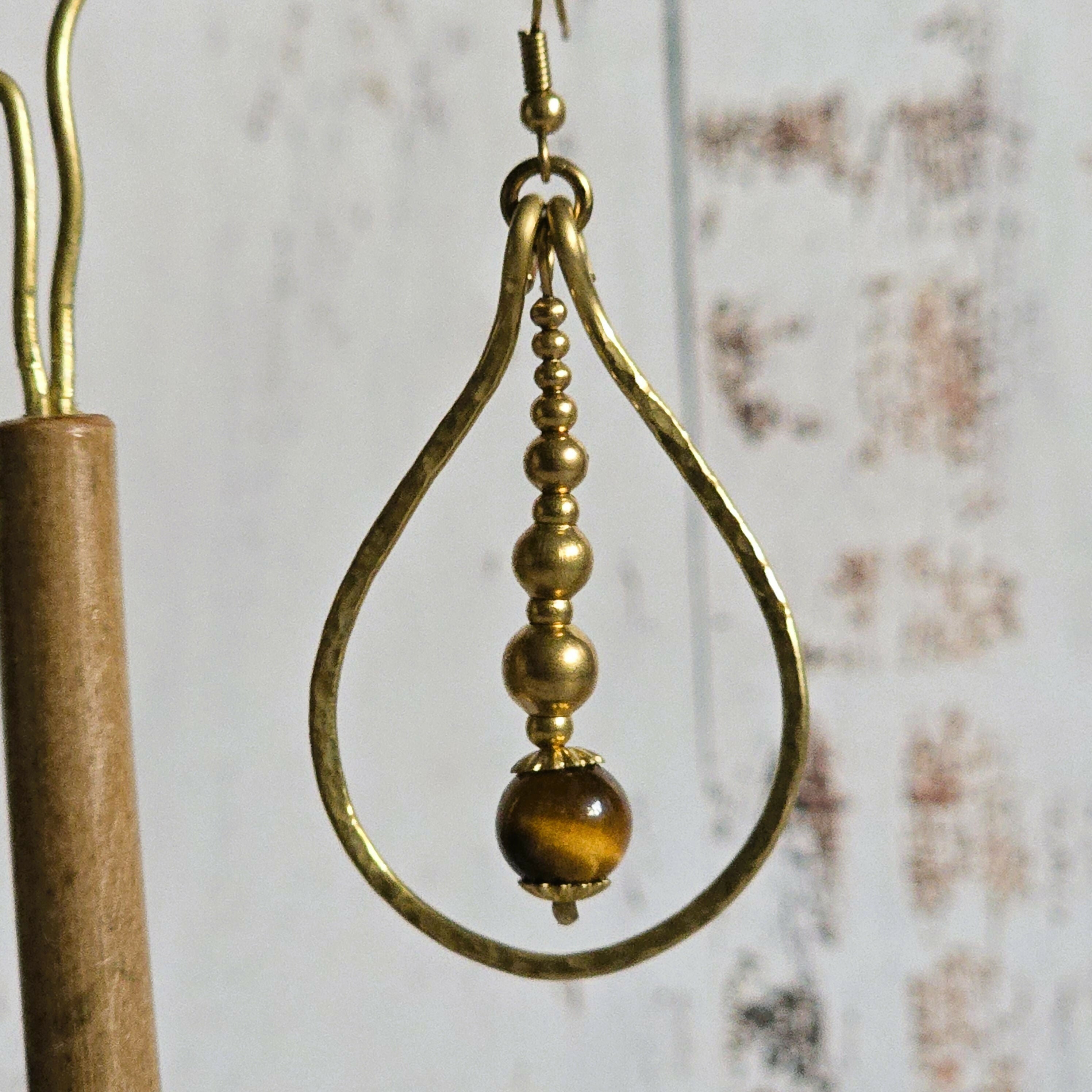 Tiger's Eye Raindrop Earrings; Gold Brass Wire Teardrop Crystal Boho Earrings