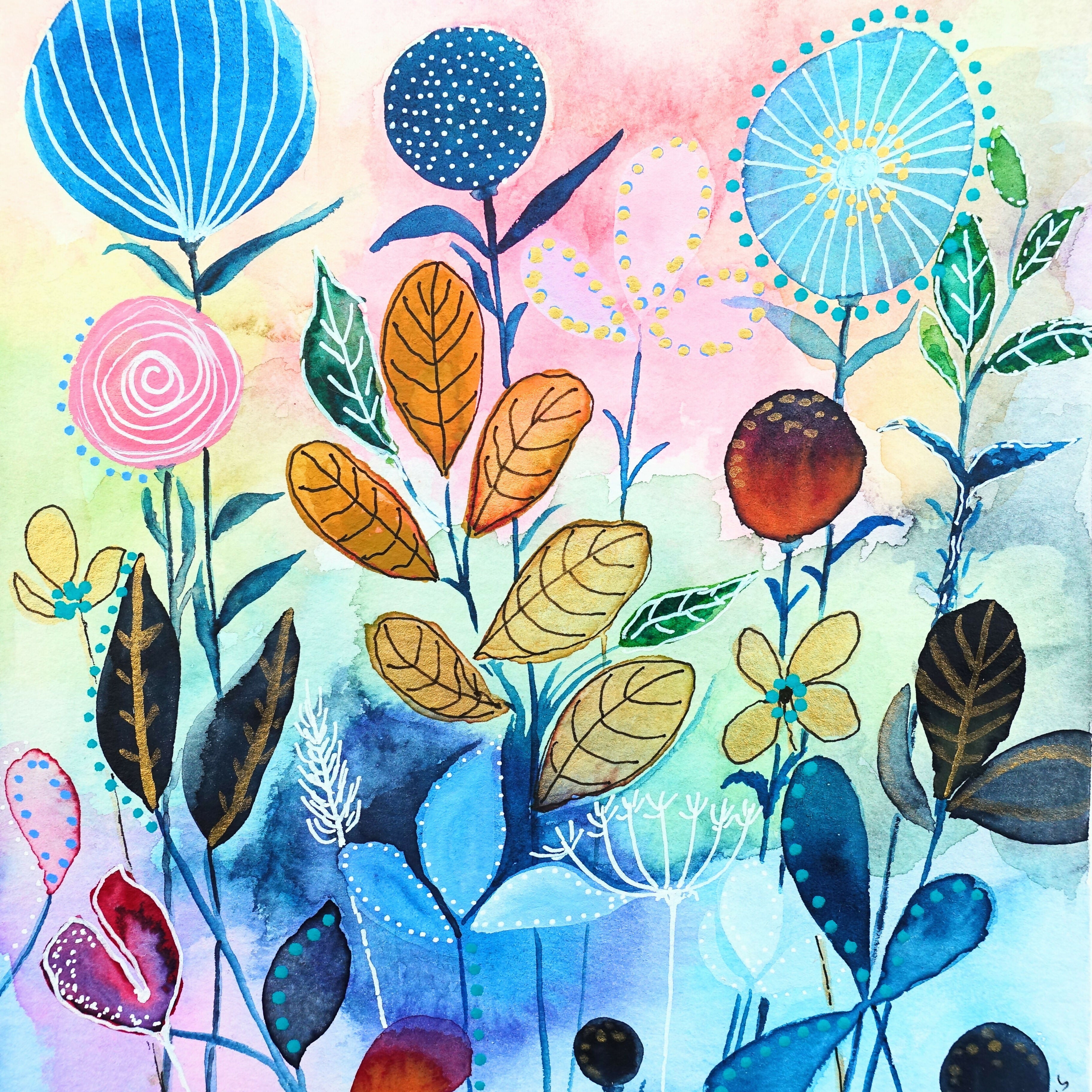'Seed Heads & Autumn Leaves' Original Mixed Media Painting