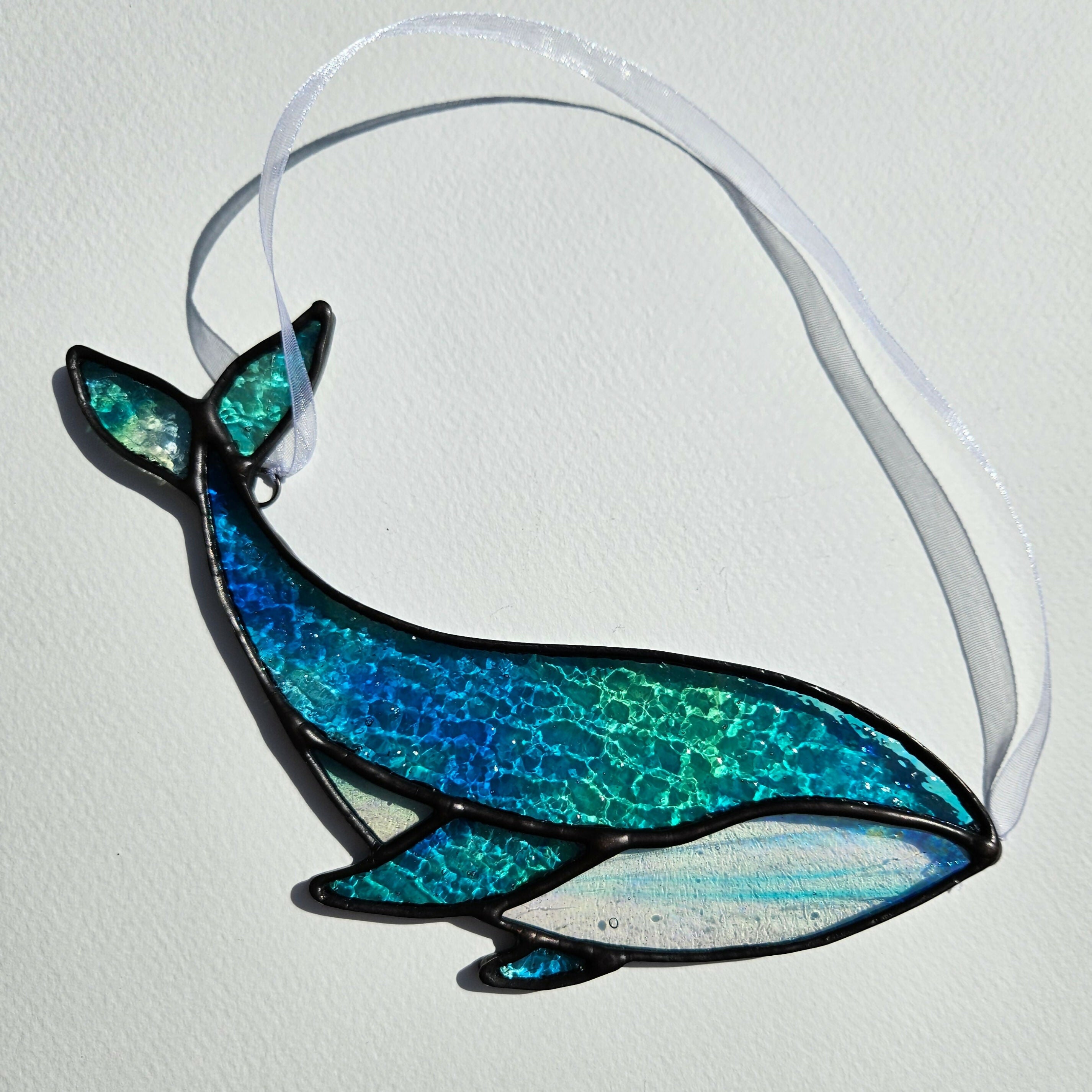 Textured Iridescent Green-Blue Whale Stained Glass Suncatcher
