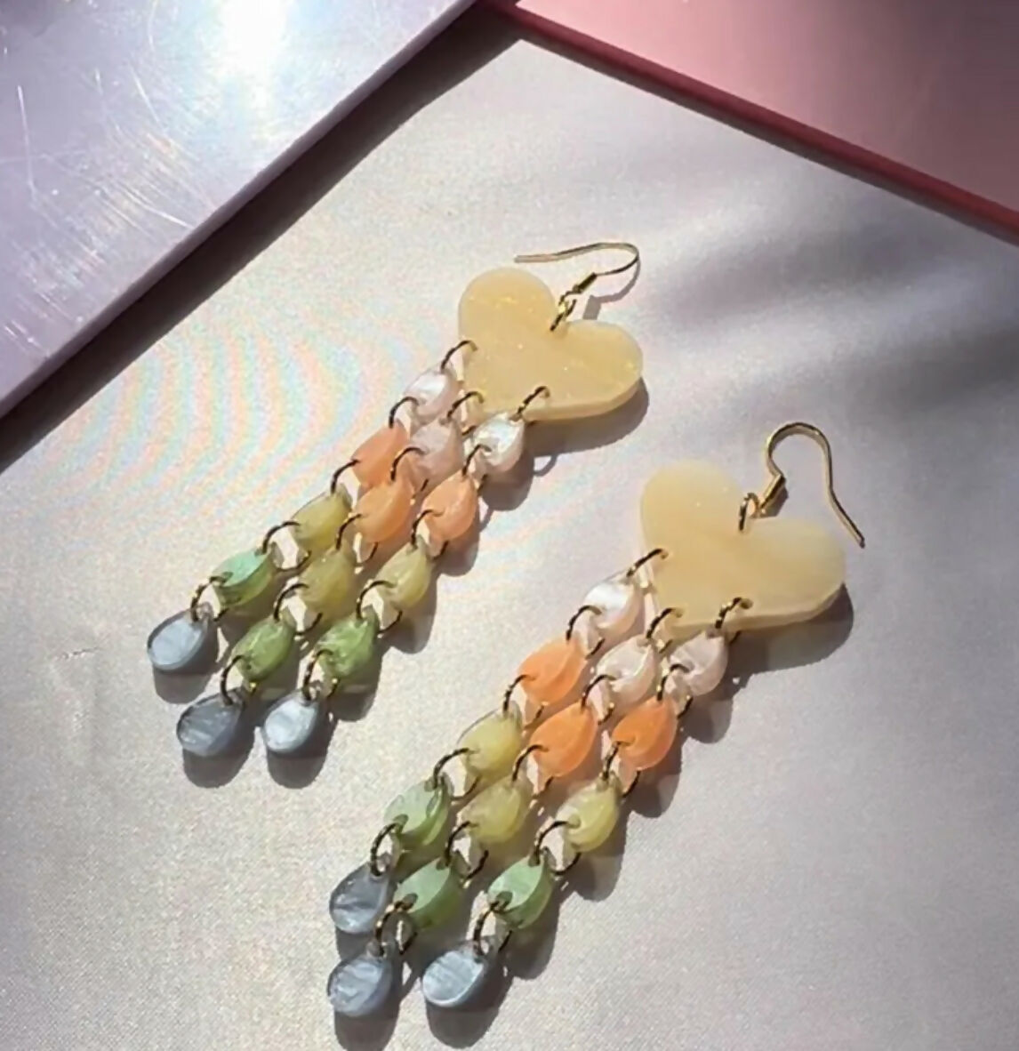 Dangly, Pastel Heart Rainbow Drop Earrings