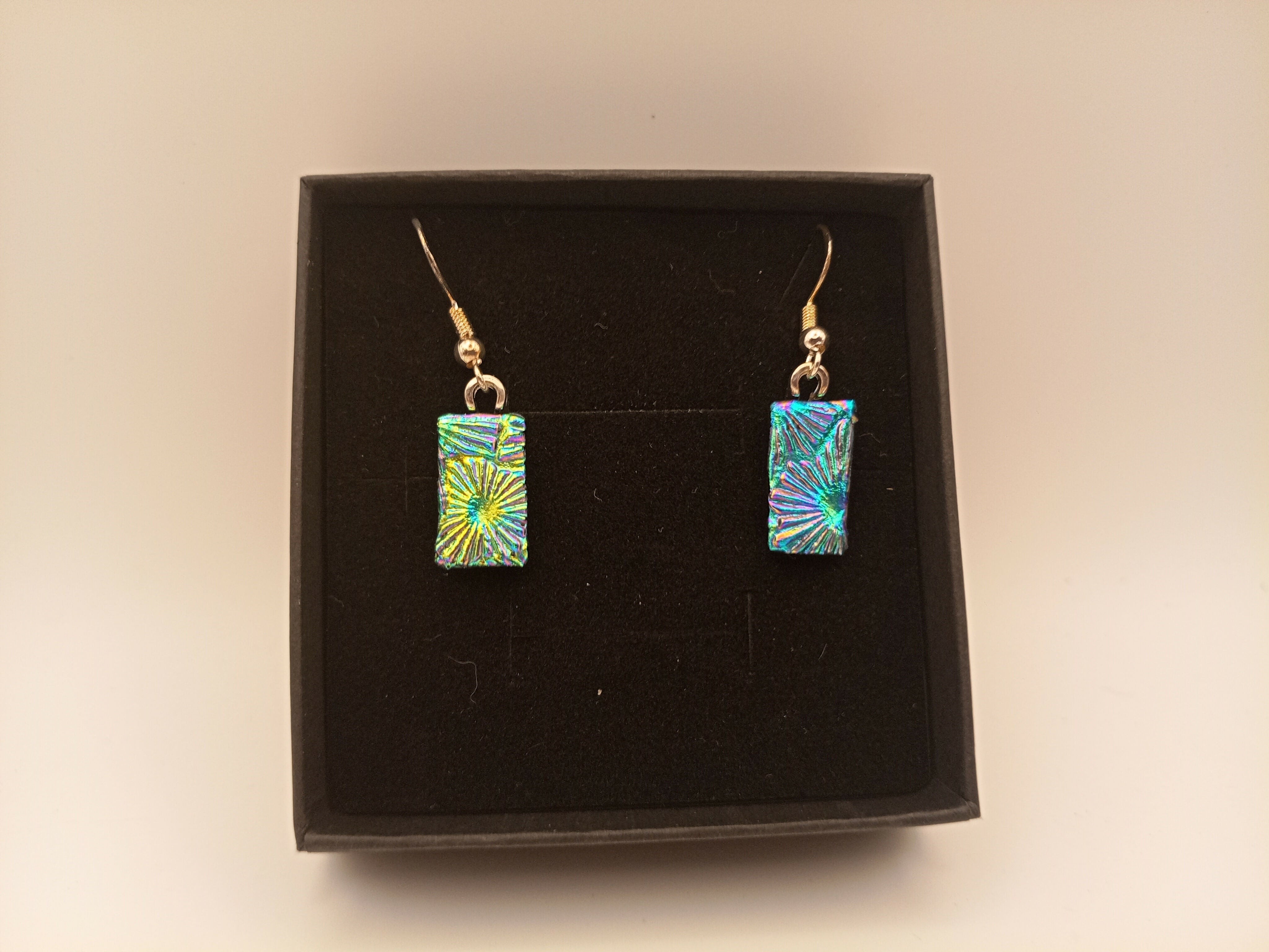 Emerald Green and Pink Rippled Dichroic Earrings