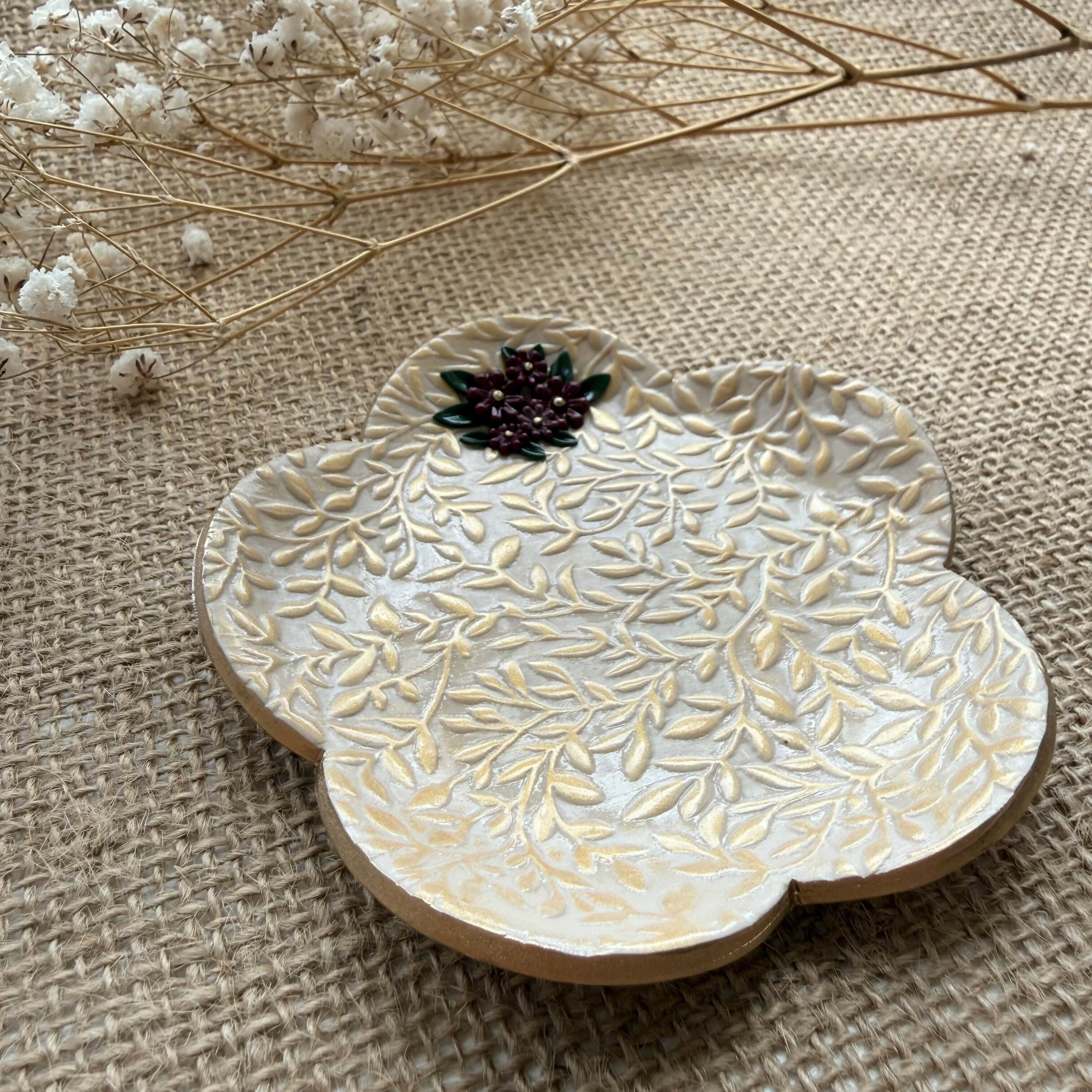 Handmade Botanical Trinket Dish with Leaf Texture and Floral Detail