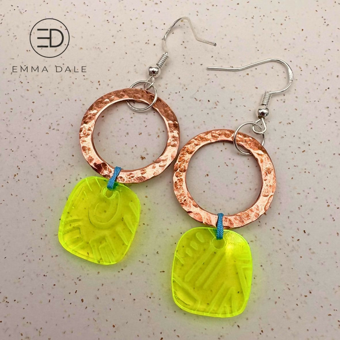 Neon Yellow Etched Acrylic & Hand-Hammered Copper Earrings