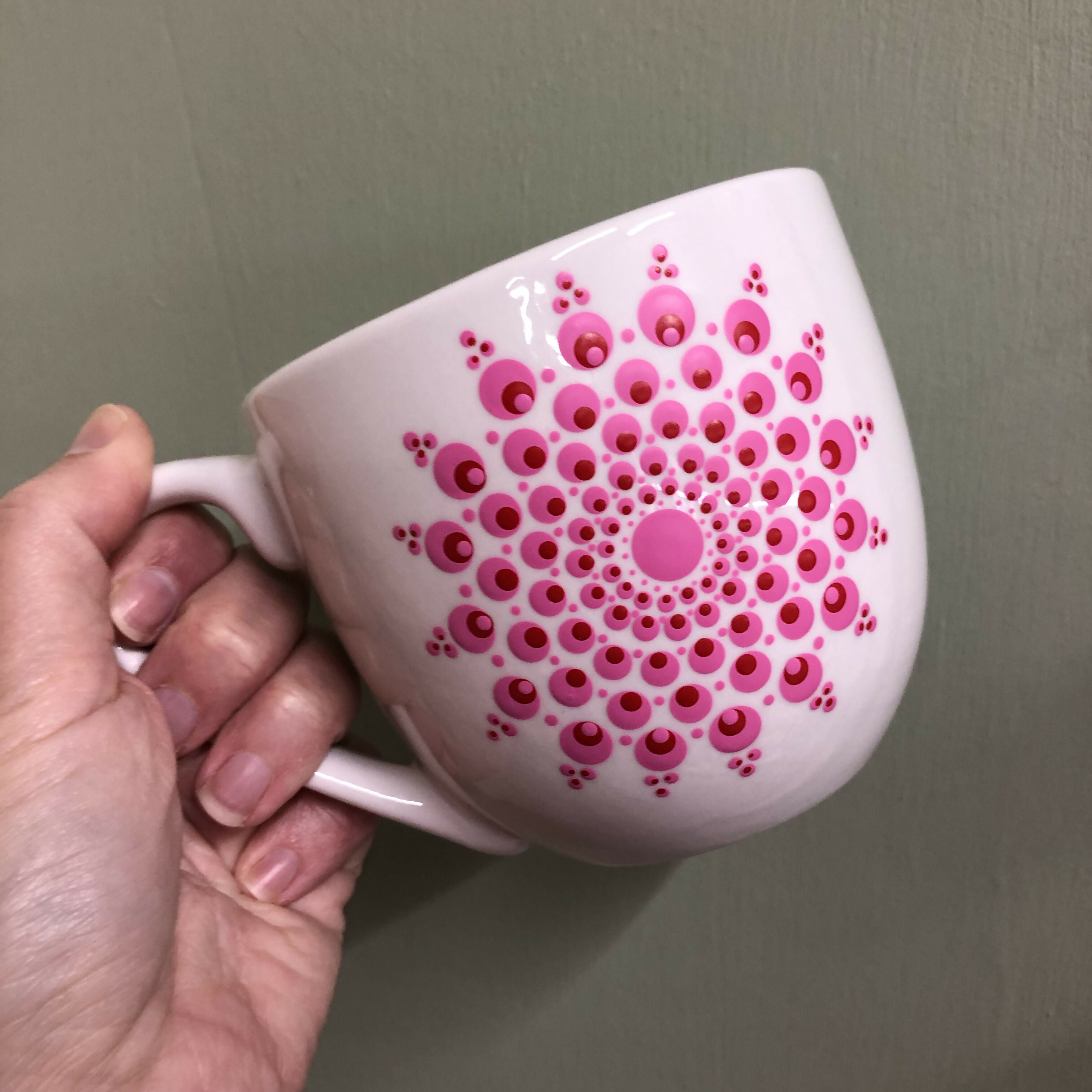 Hand Painted Dot Mandala Large Mug: Flamingo and Red