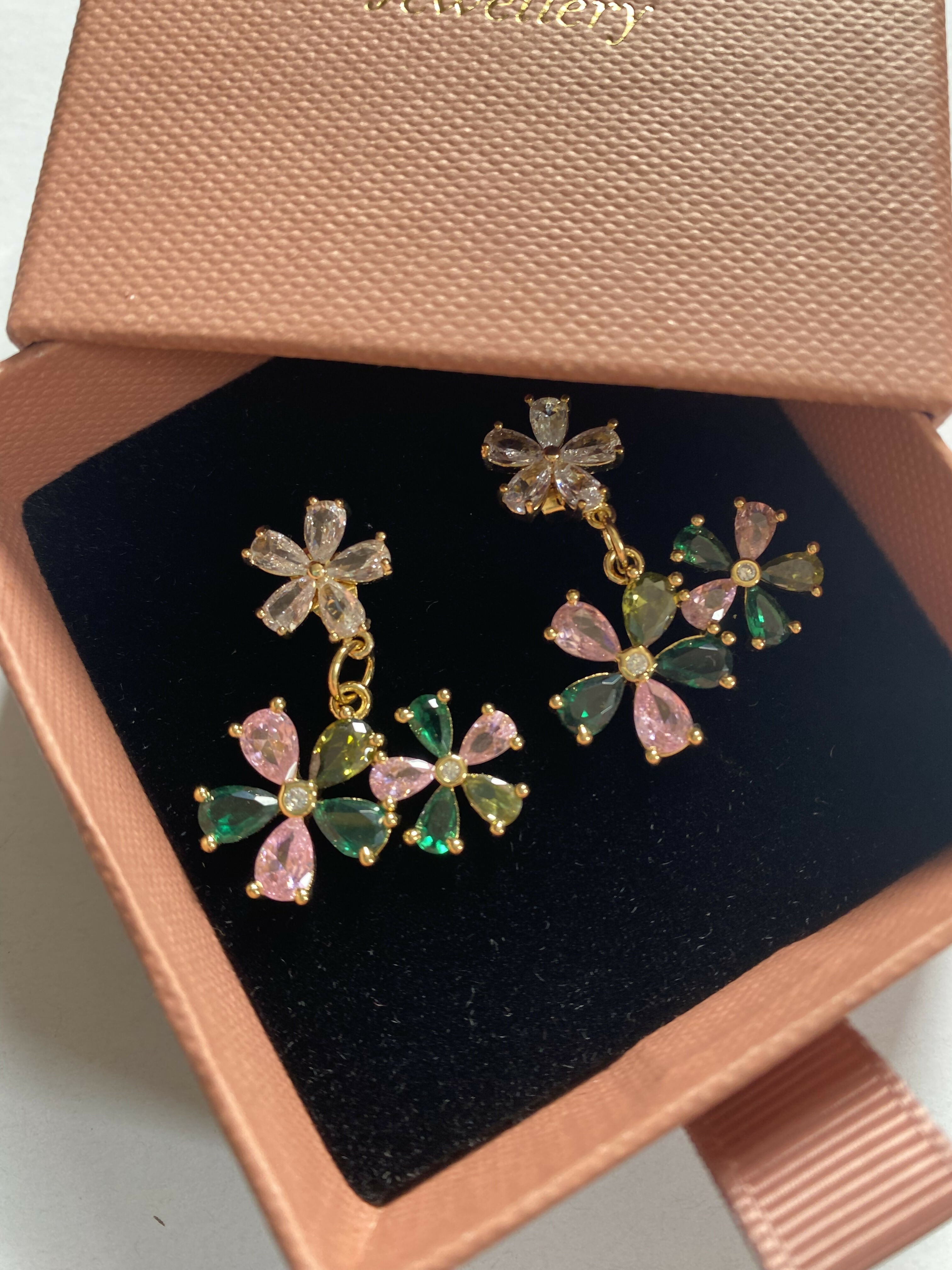 Pink and green double flower stud earrings