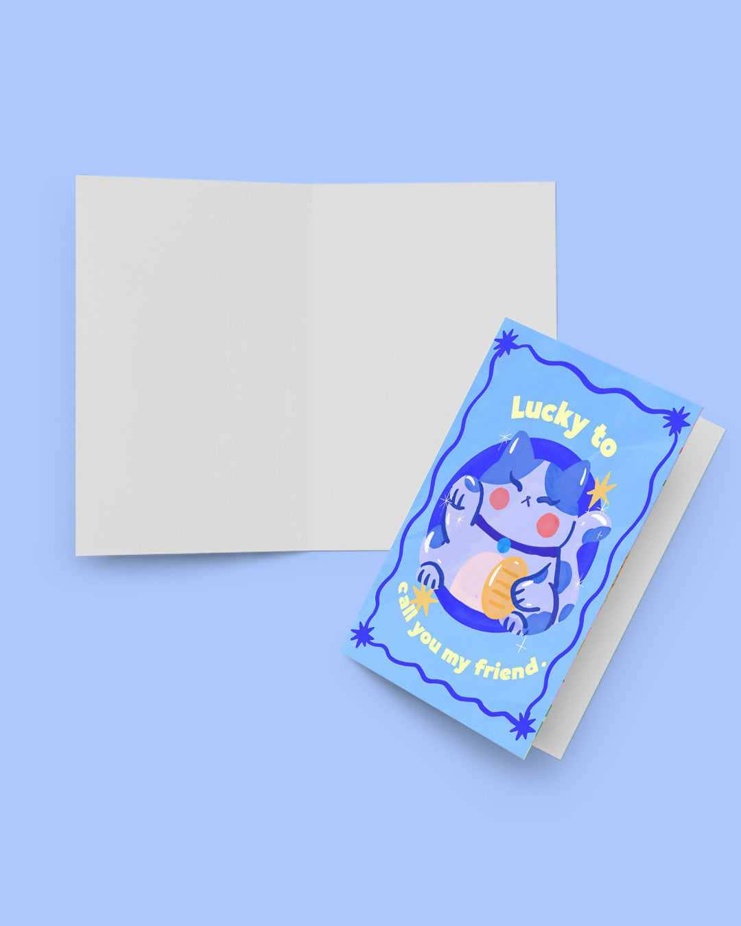 Blue Lucky Cat "Lucky To Call You My Friend" Greetings Card