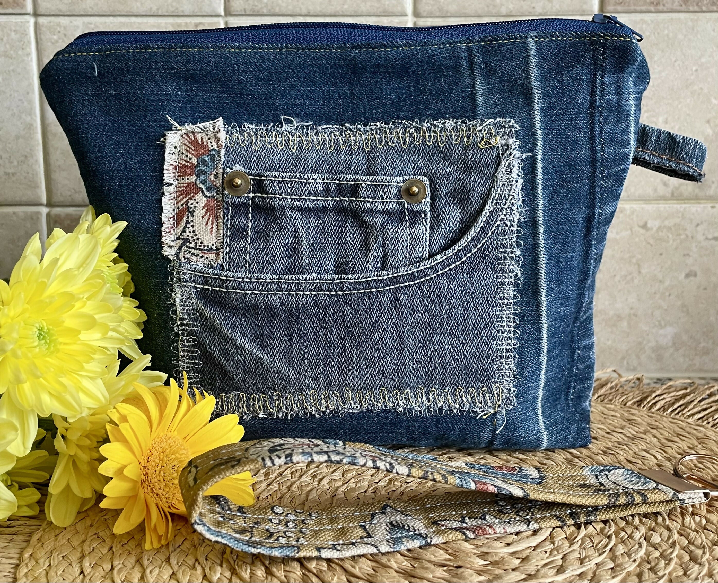 Upcycled Denim Clutch Bag with wristlet.