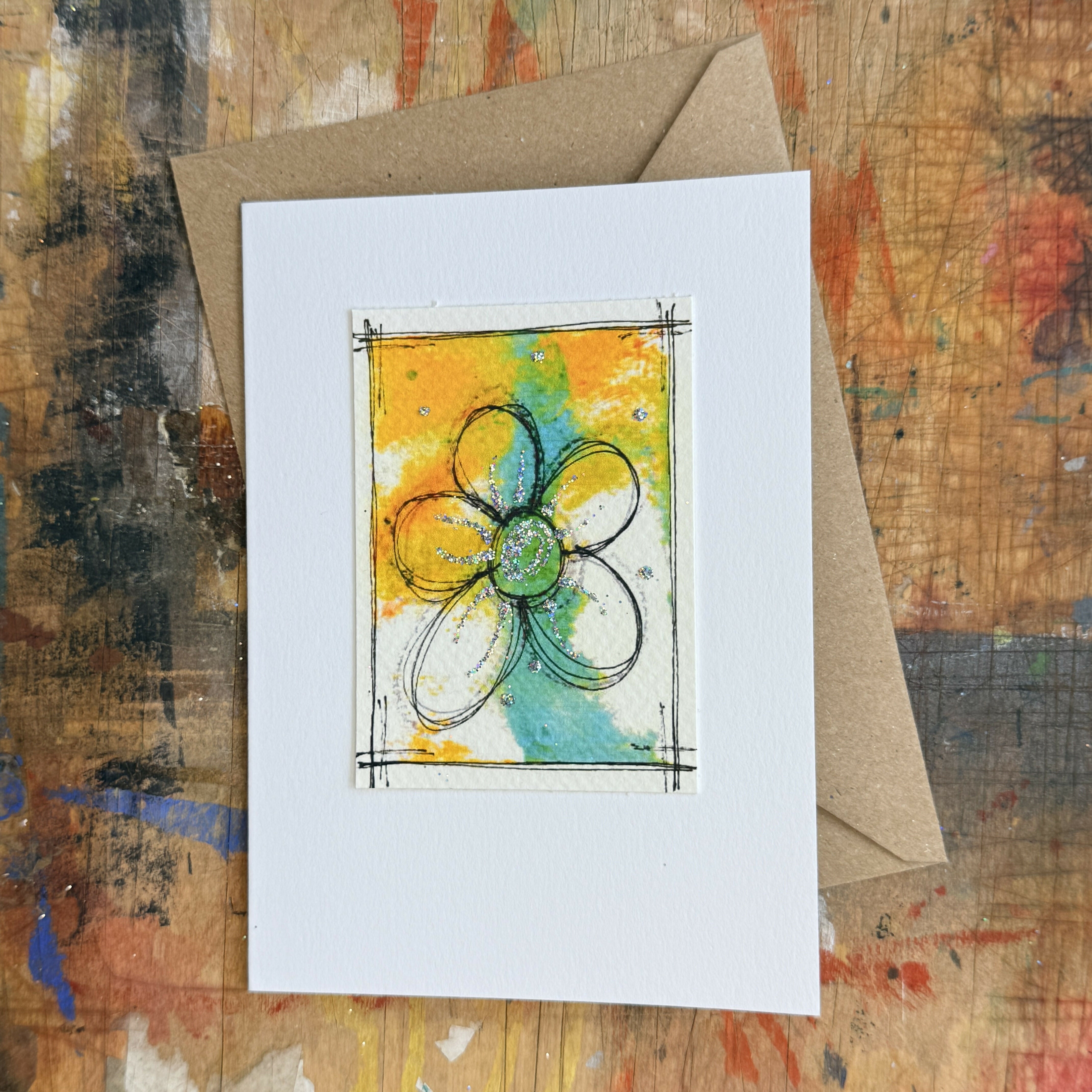 Abstract Sparkle Flower Card in Yellow