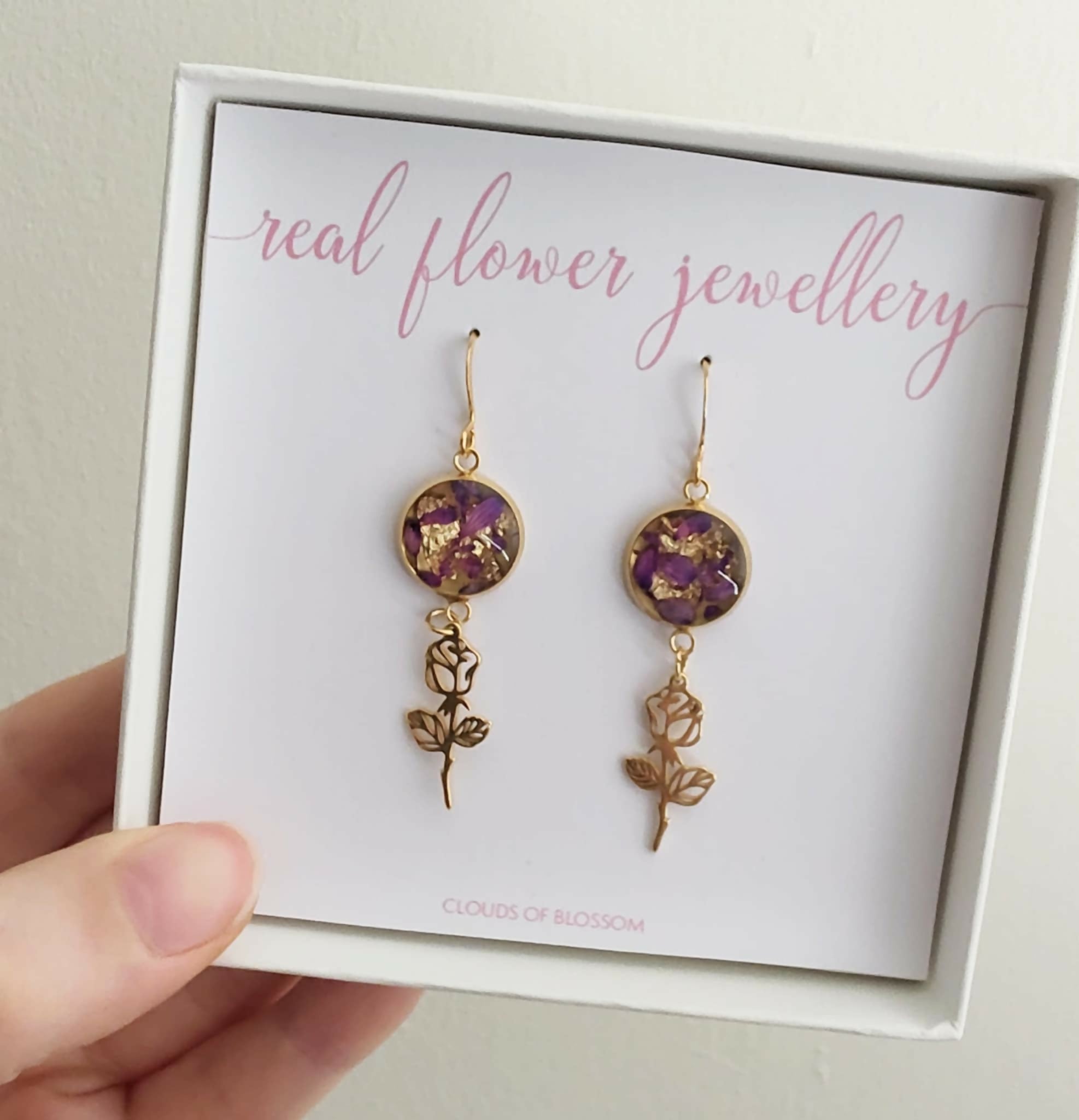 Purple Real Flower Rose Earrings Gold Plated