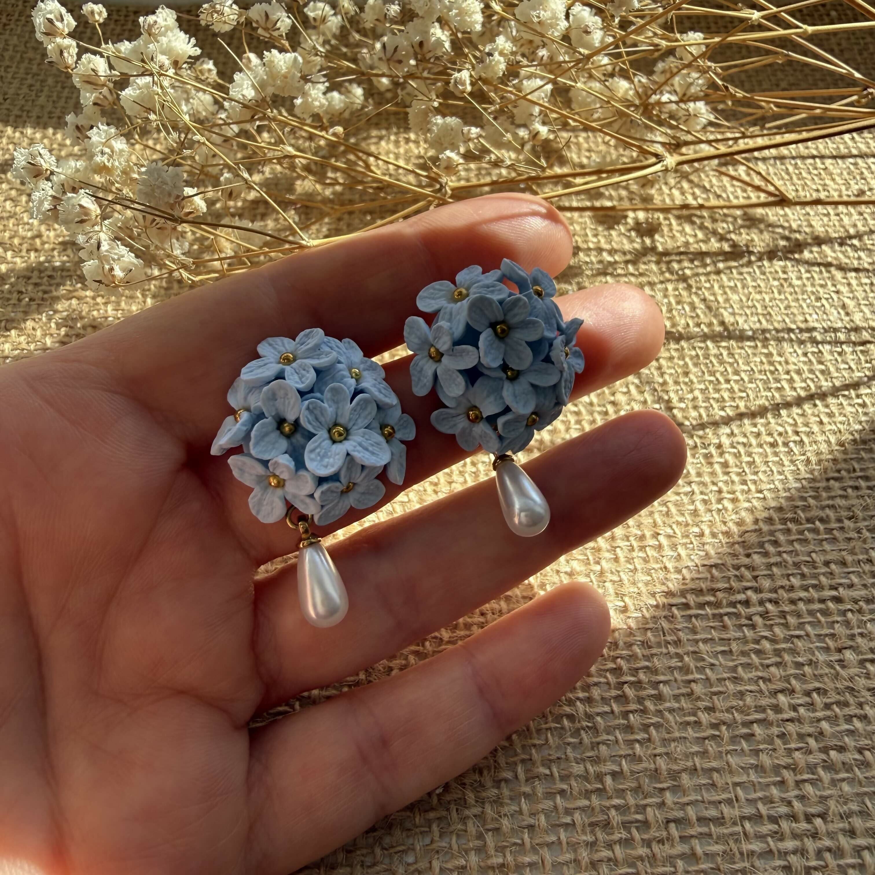 Blue Flower Cluster Drop Earrings with Pearl Detail and Gold Centre