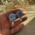 Blue Flower Cluster Drop Earrings with Pearl Detail and Gold Centre