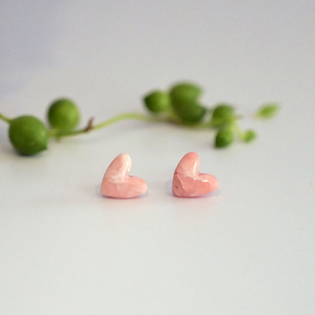 Pink Marble Heart Stud Earrings - Handmade Polymer Clay - Polly Plant