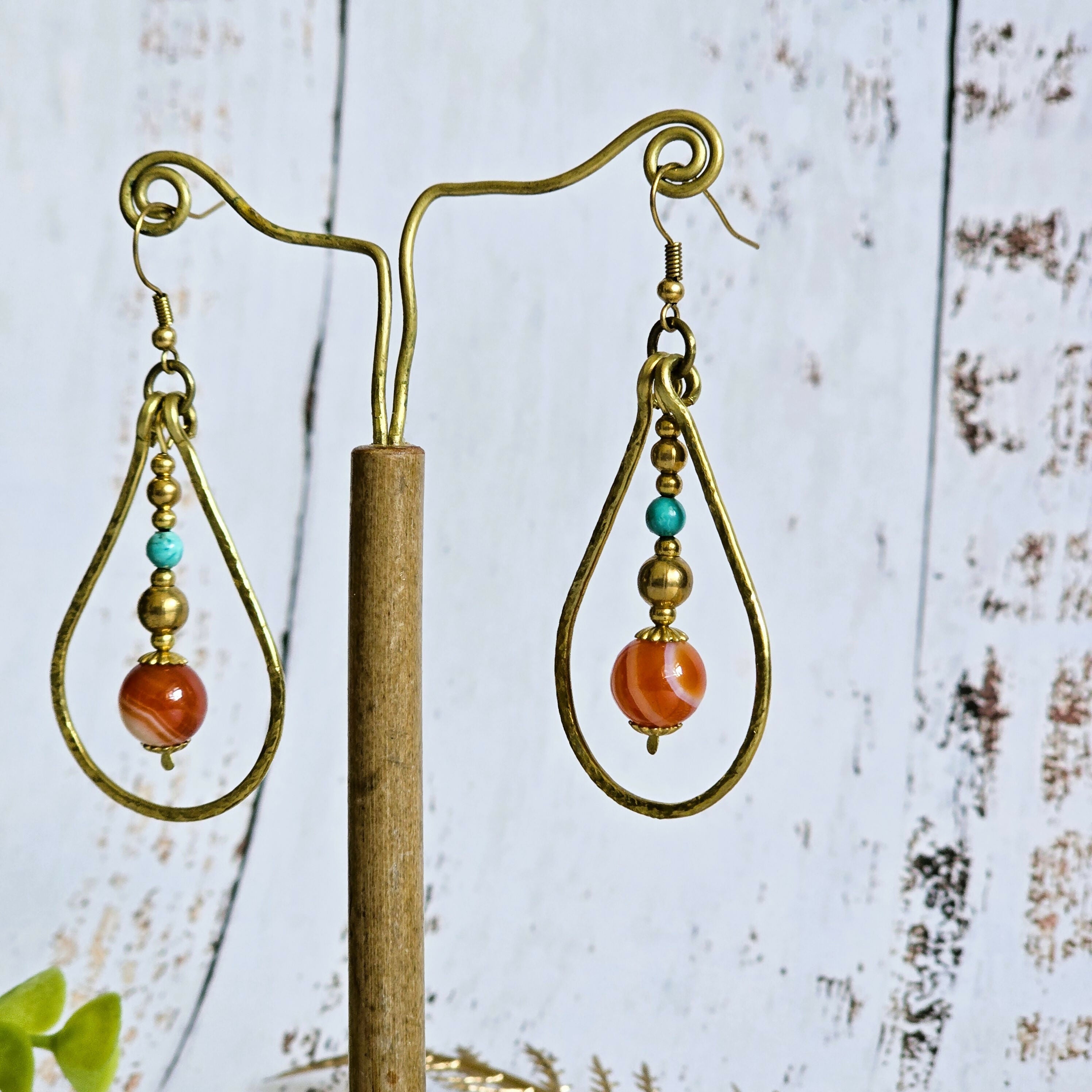 Gold Wire Crystal Earrings; Turquoise & Orange Agate Bohemian Teardrop Earrings