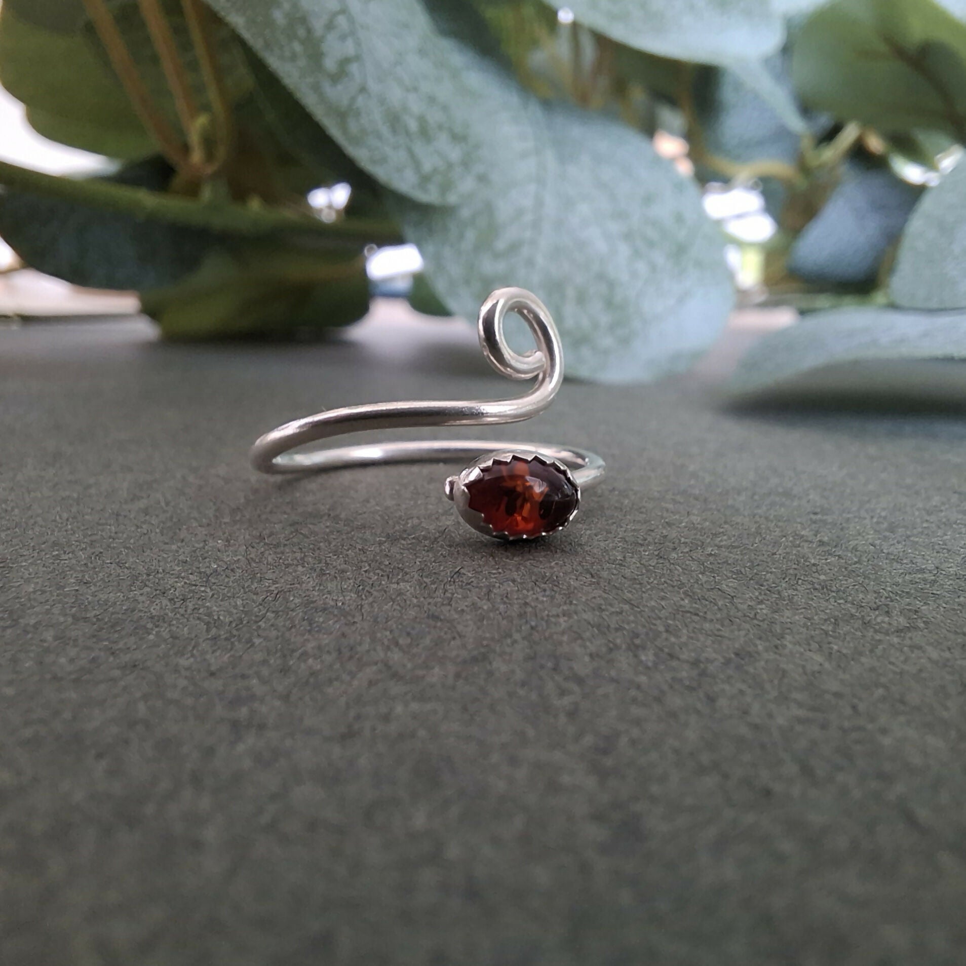 Handmade Adjustable Silver Amber Ring Size M