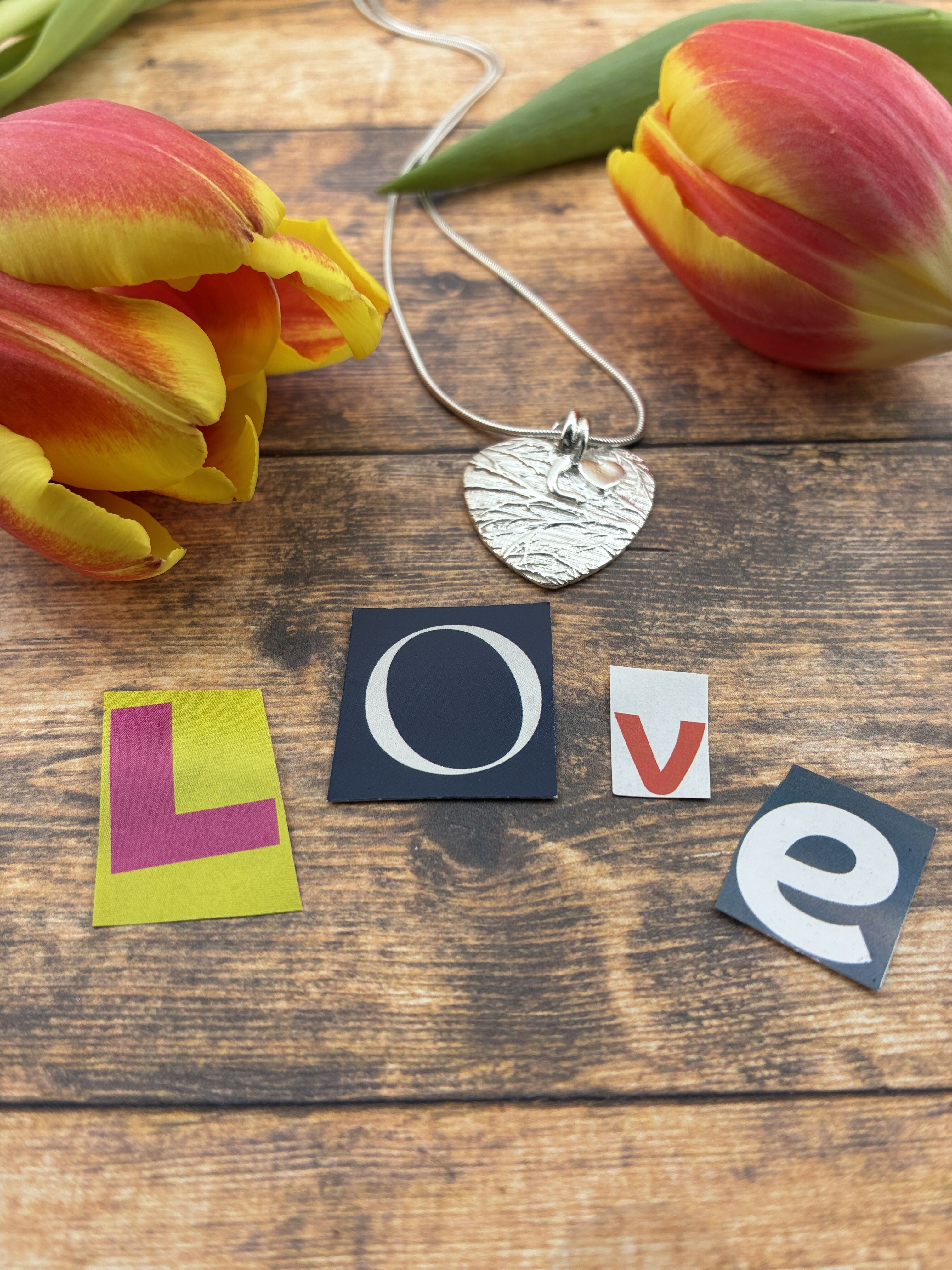 Silver Heart Pendant with Silver Birch Texture and Mini Heart and Sterling Silver Chain