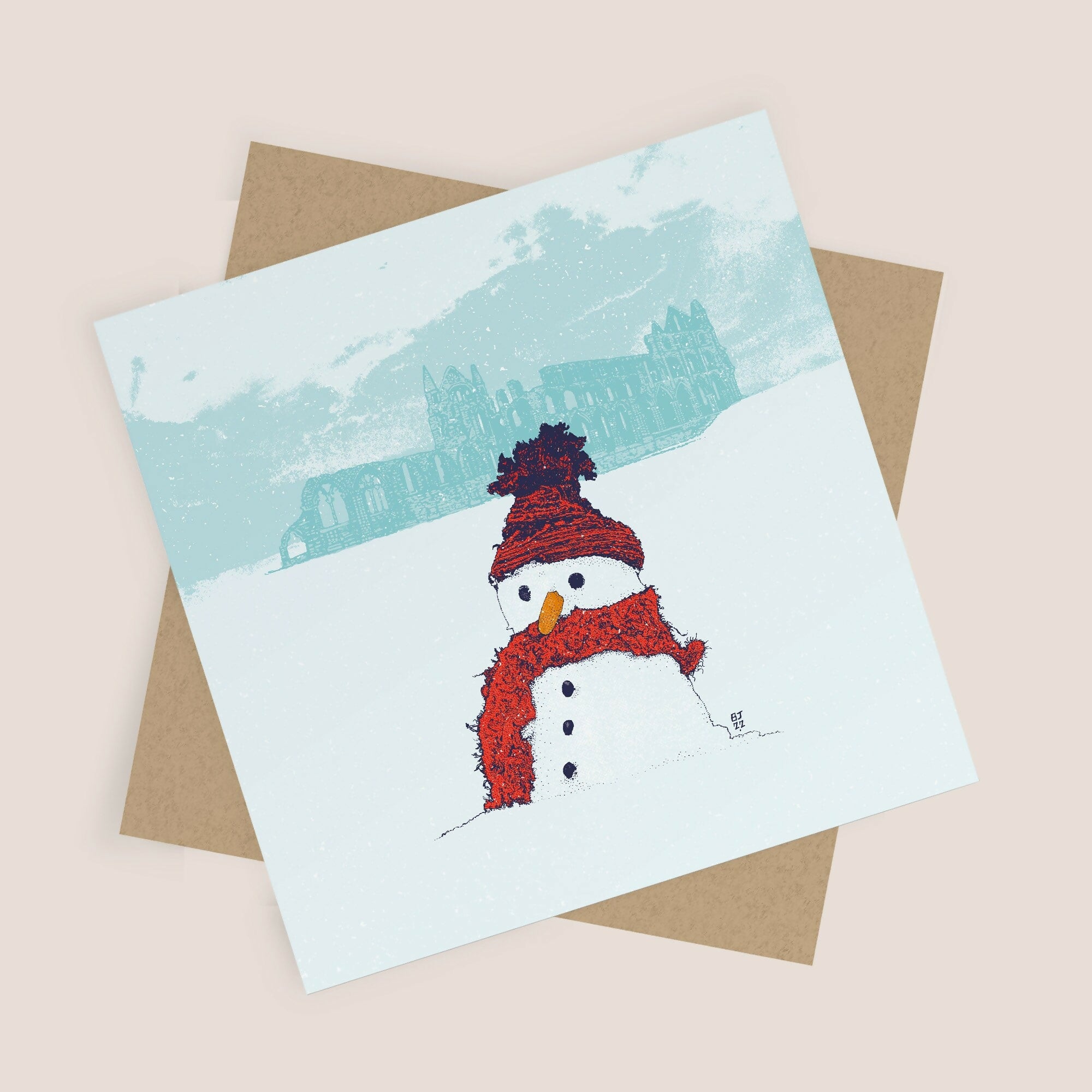 Snowman at Whitby Abbey Greeting Card – Yorkshire Christmas Scene