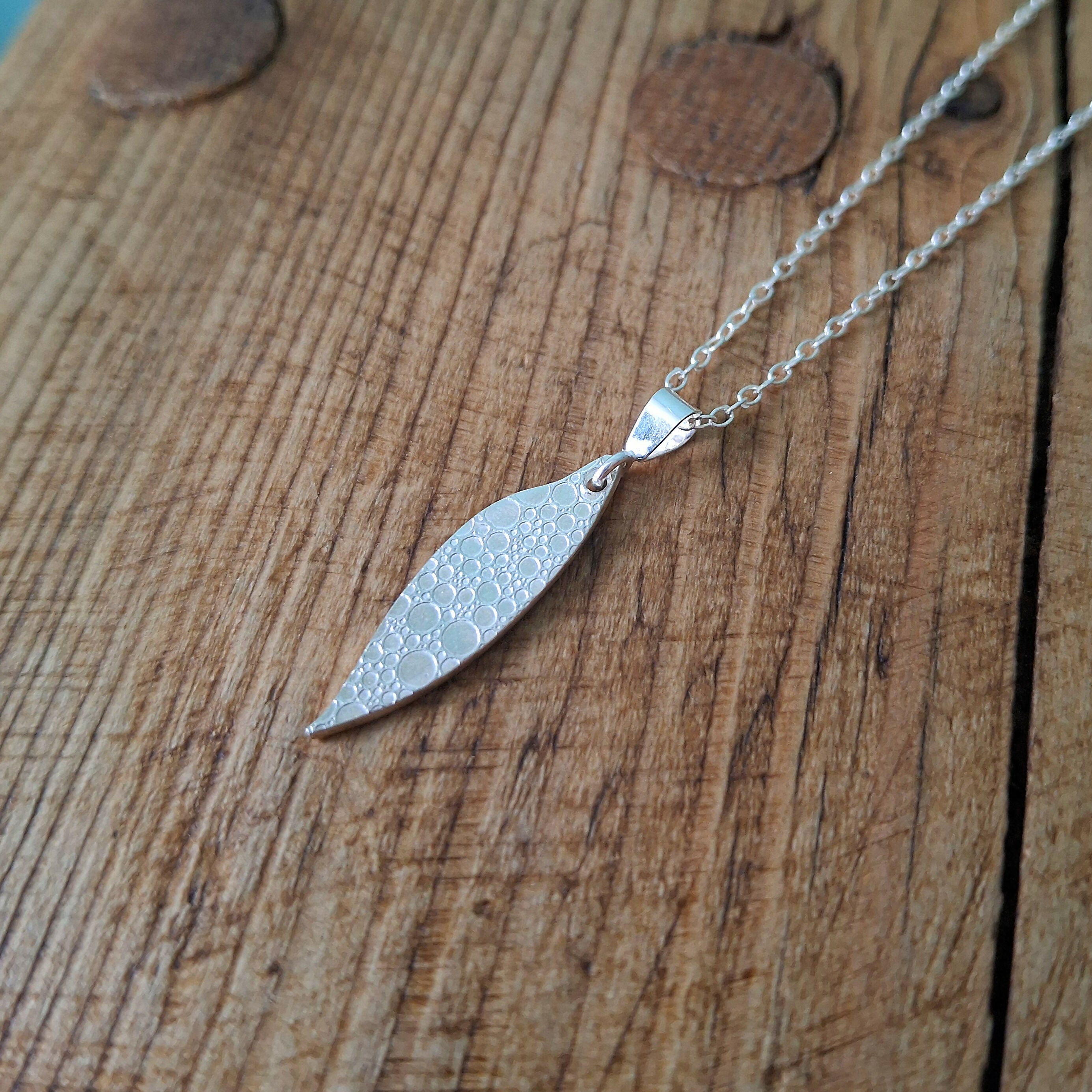 Handmade Silver Drop Leaf Necklace Bubble Texture