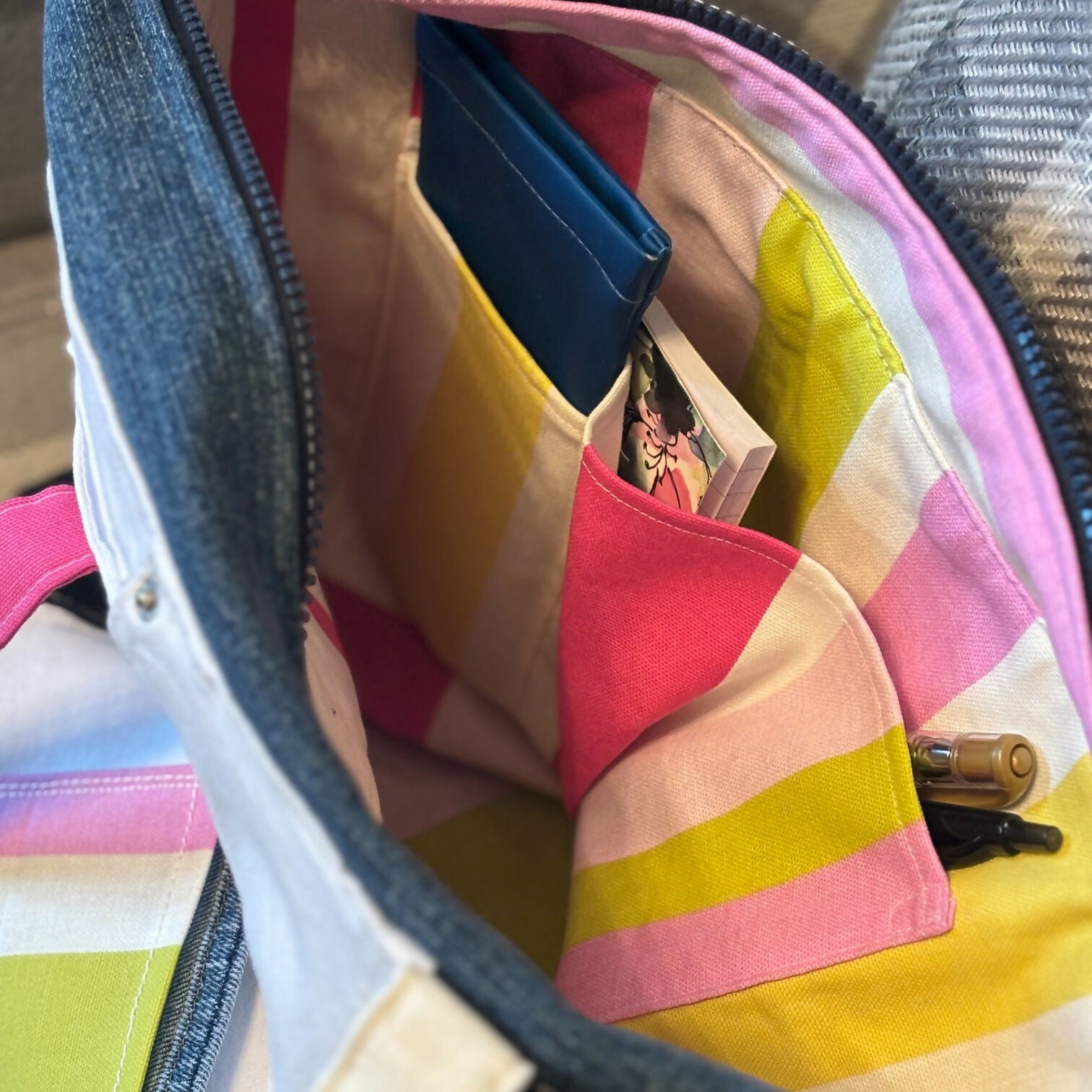 Unique Handcrafted Large Denim Tote Bag Handbag Made From Upcycled Blue And White Jeans
