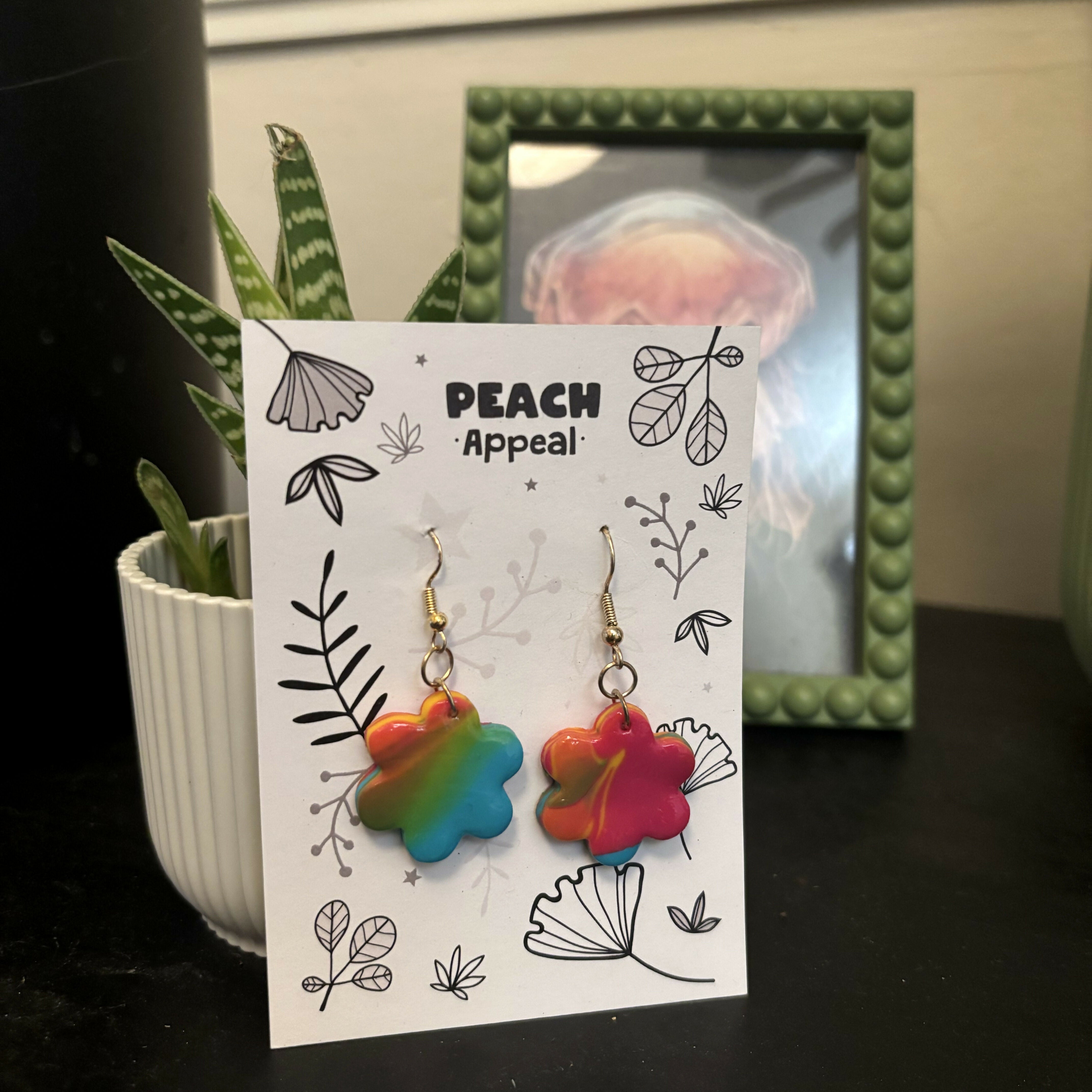 Recycled Polymer Clay Earrings - Rainbow Flower