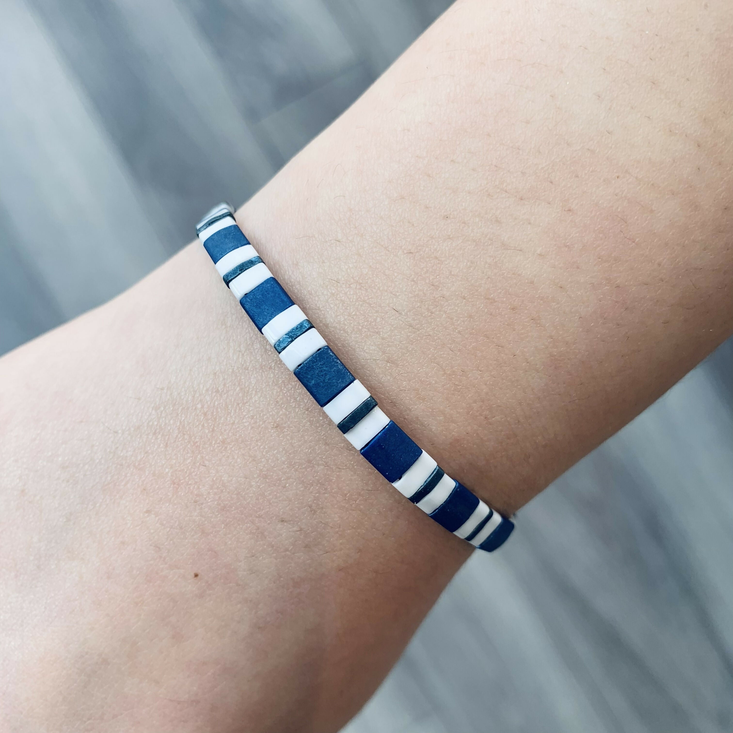 Japanese Tila Glass Bead Bracelet - Blue 185 mm to 195 mm