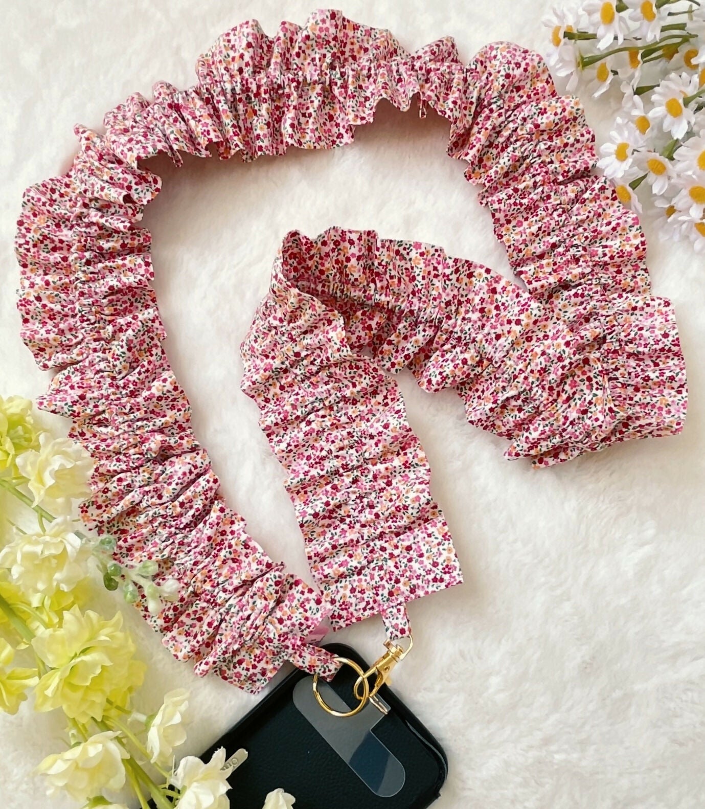 Handmade Ruffled Crossbody Phone Holder Red Ditsy