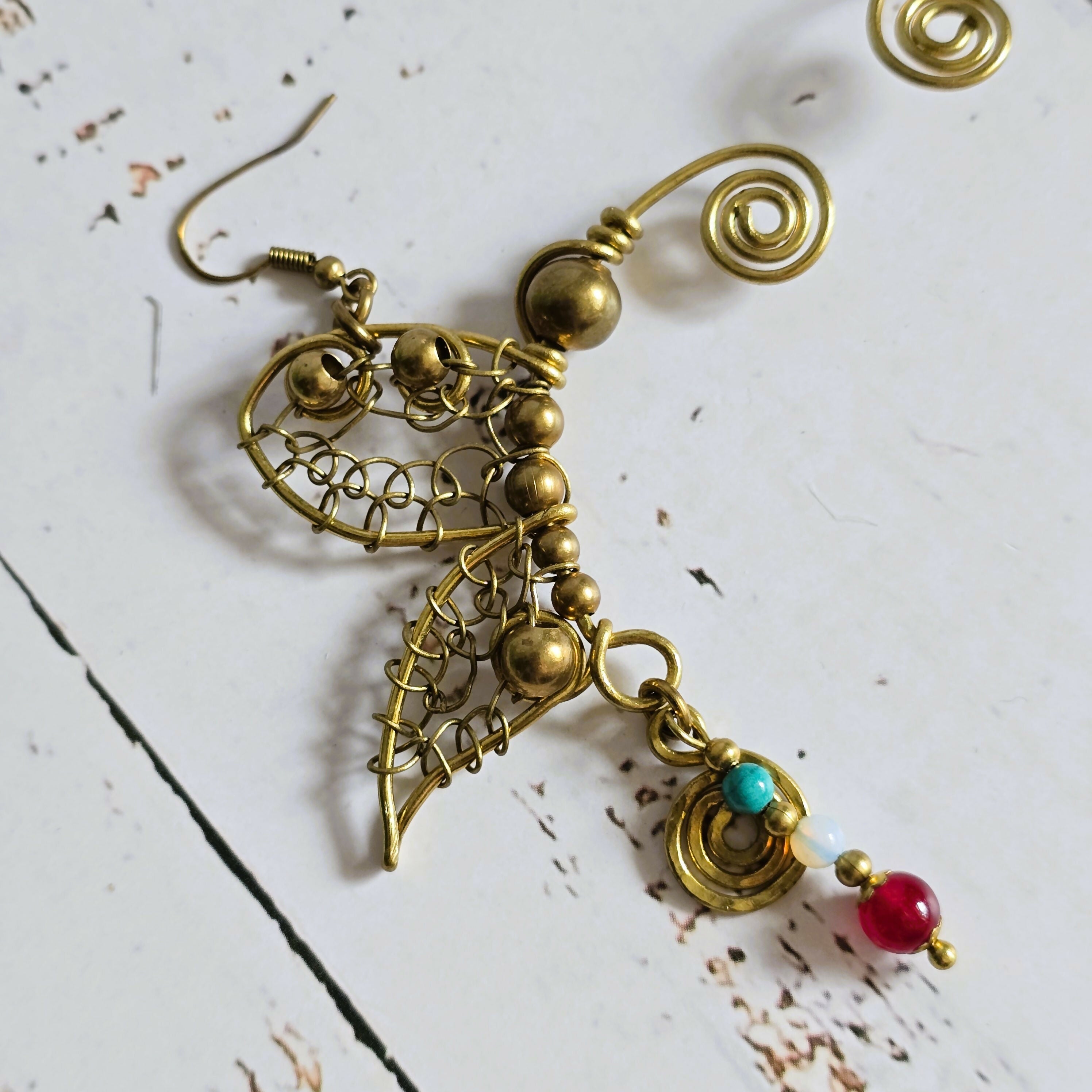 Handmade Butterfly Earrings; Intricate Wire Art With Turquoise, Moonstone & Rubellite Crystals