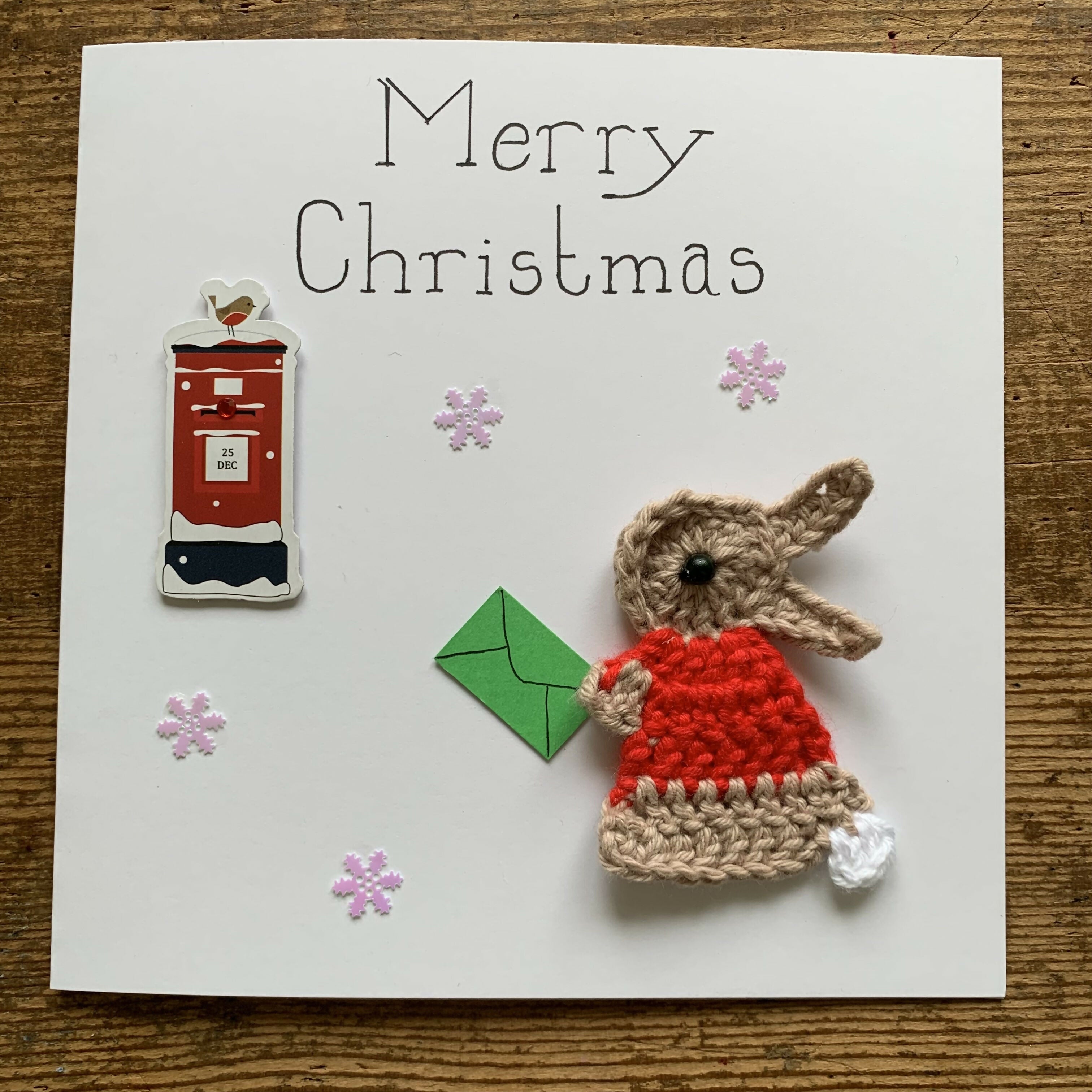 Christmas Card with Crocheted Rabbit Posting letter to Santa.