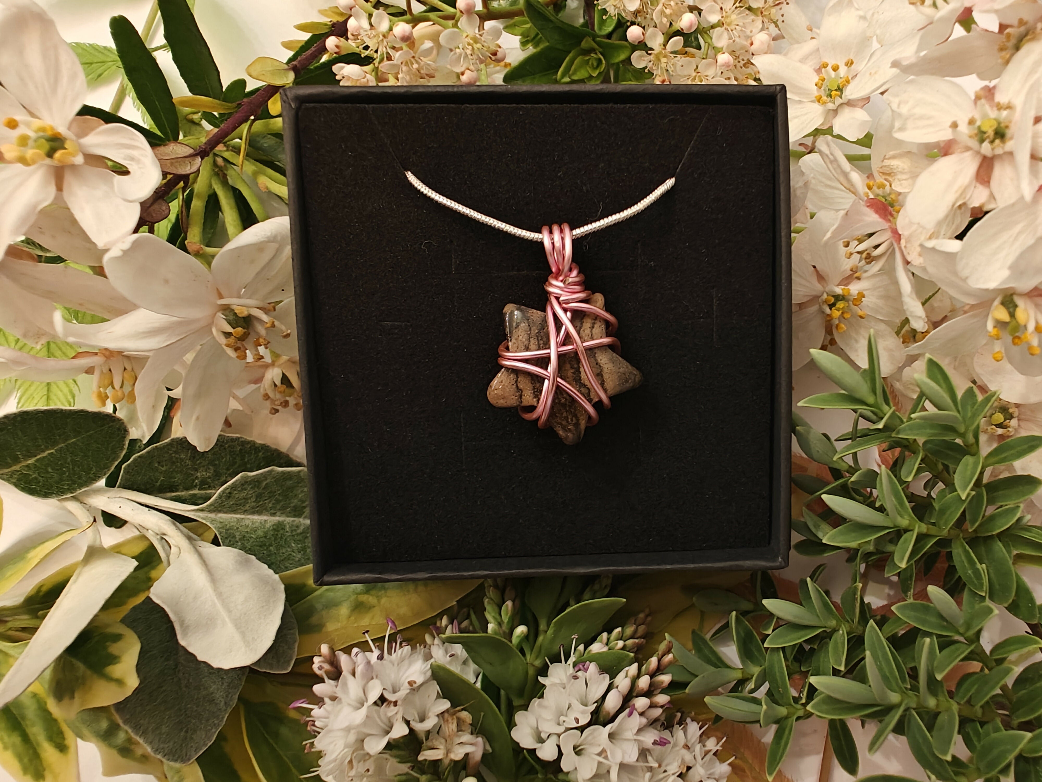 Picture Jasper Wire Wrapped Crystal Necklace on Sterling Silver Chain