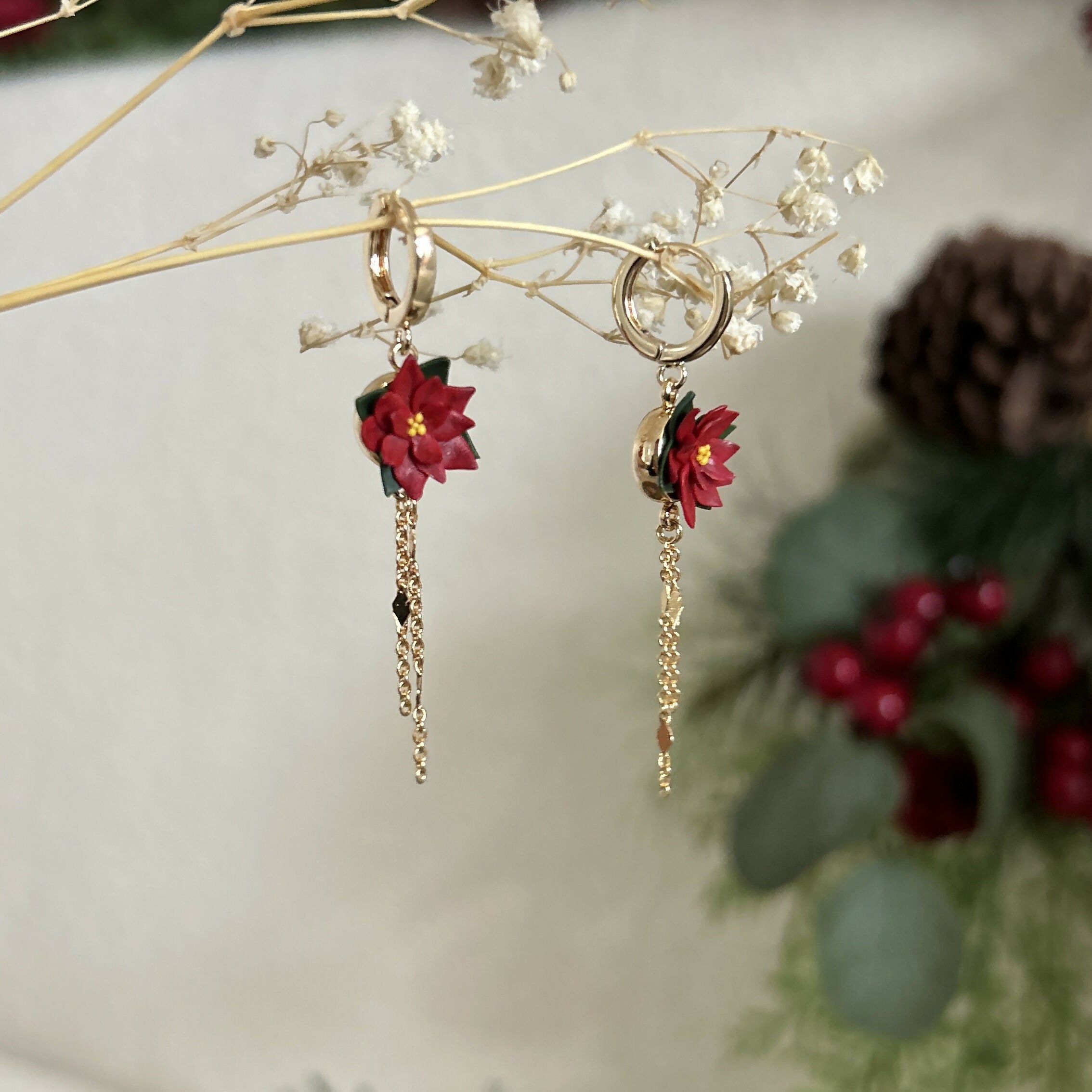 Red Christmas Flower Dangle Earrings