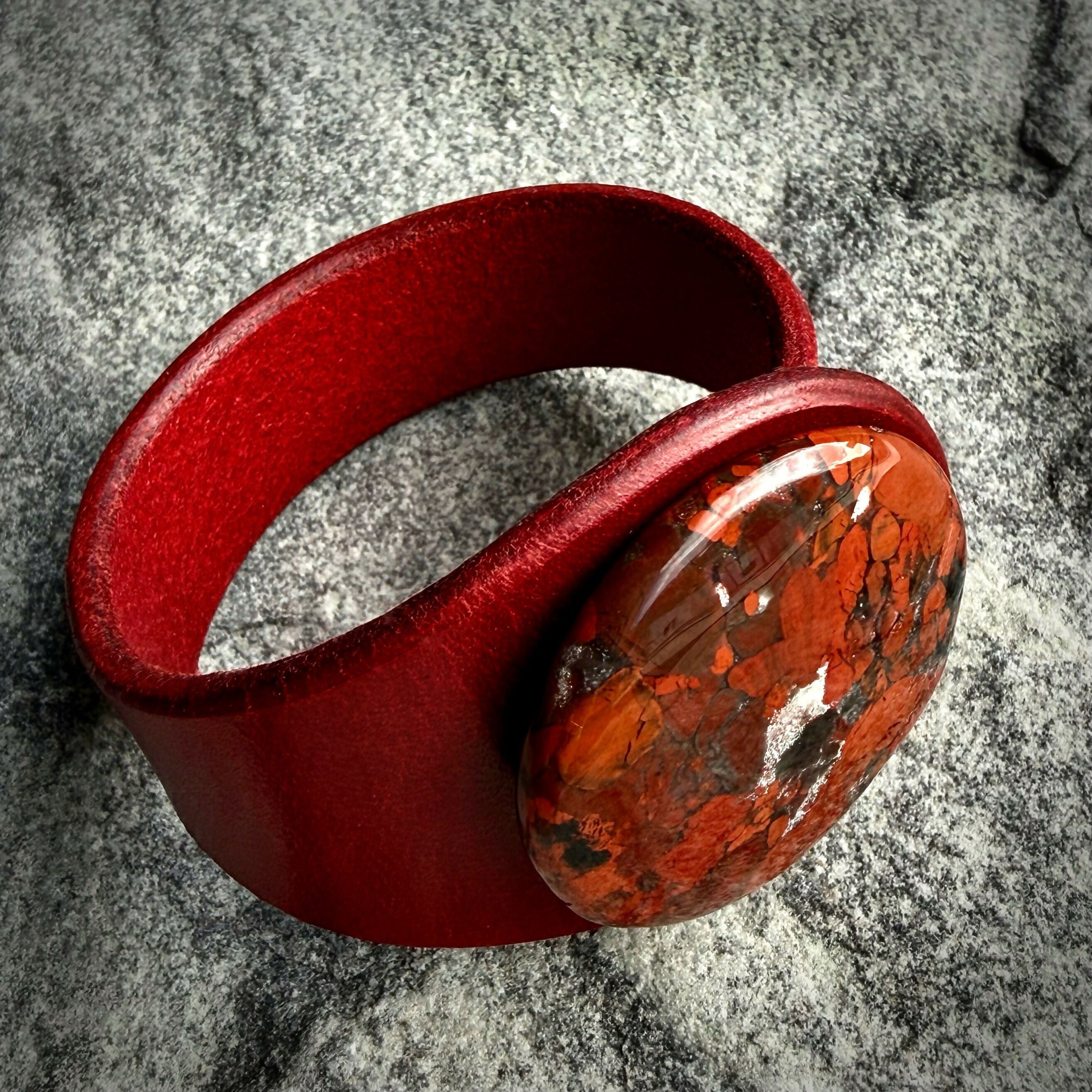 Handcrafted Natural Leather & Red Brecciated Jasper Gemstone Bracelet - Size S or M