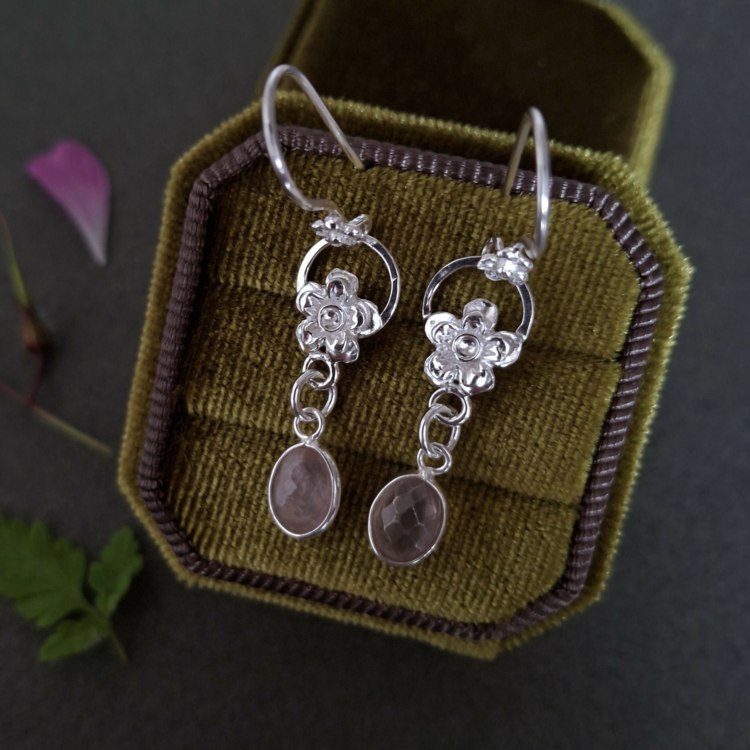 Handmade Silver Forget Me Not Earrings With Rose Quartz
