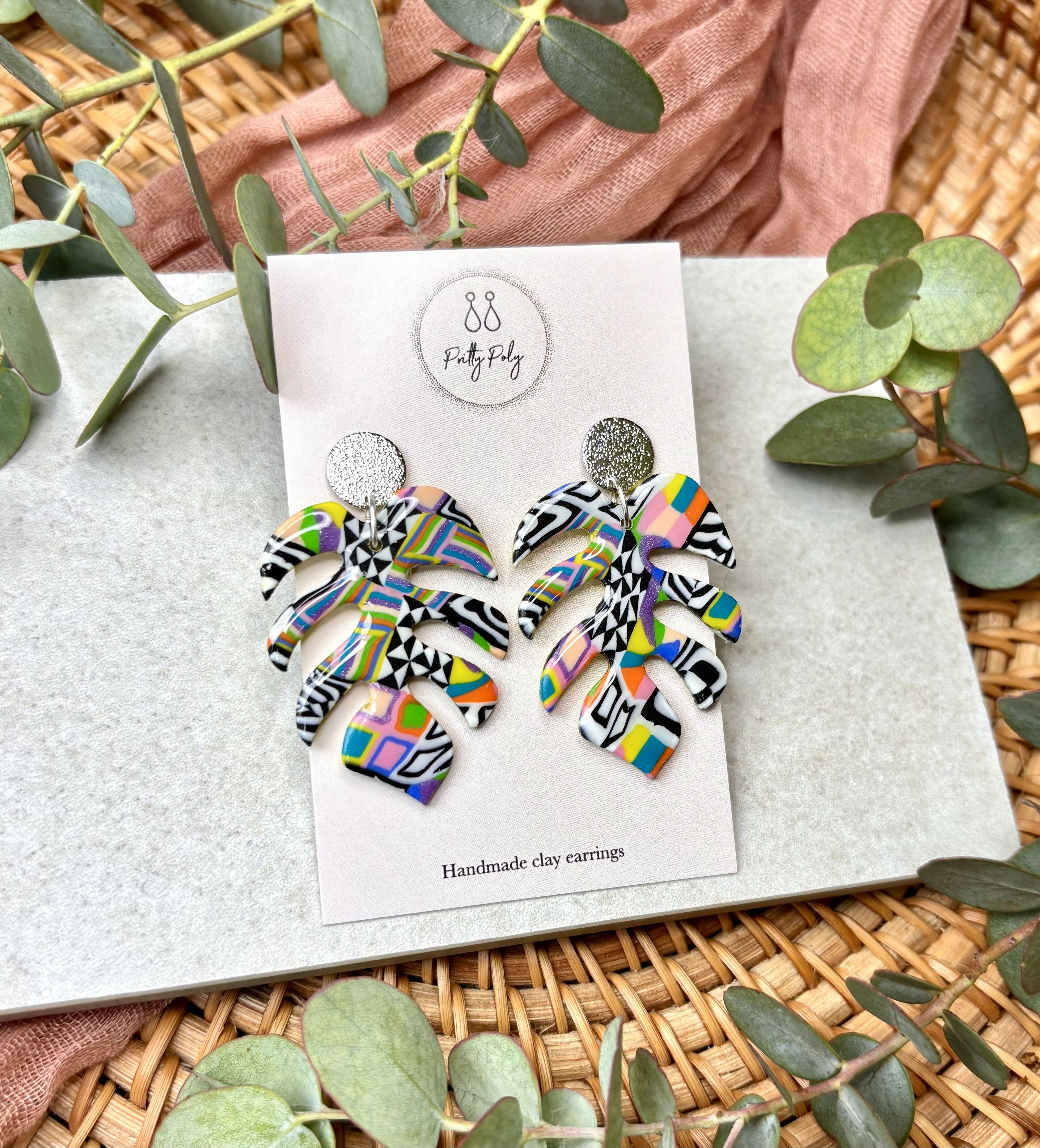 Funky Pattern Collection - Monstera Leaf Polymer Clay Earrings