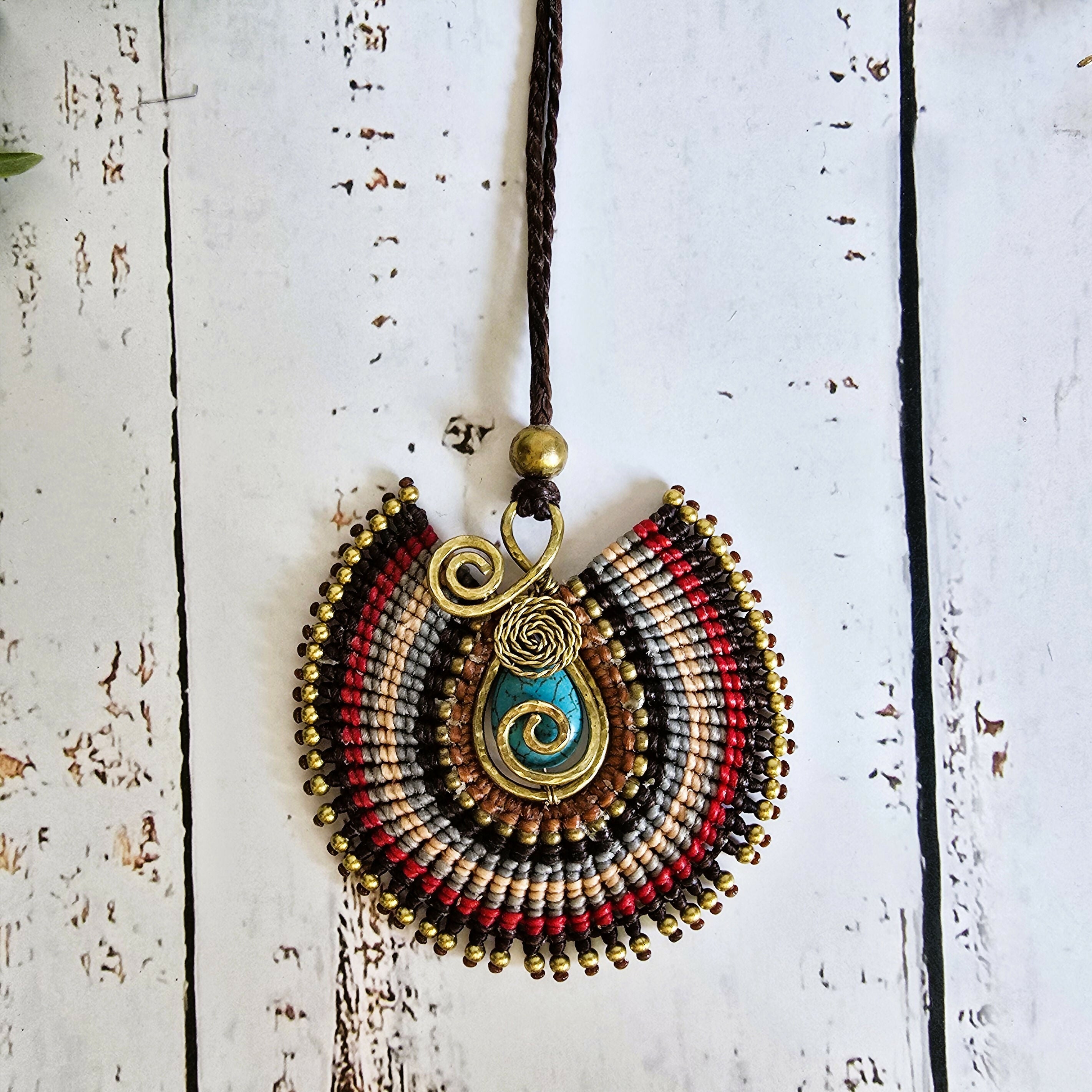 Turquoise Crystal Macramé Necklace; Regal Oval Bohemian Pendant with Gold Spiral Wire-Art