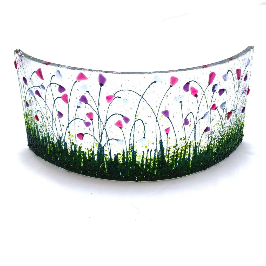Large Freestanding Fused Glass Curve With Pink, Violet & Lavender Flowers