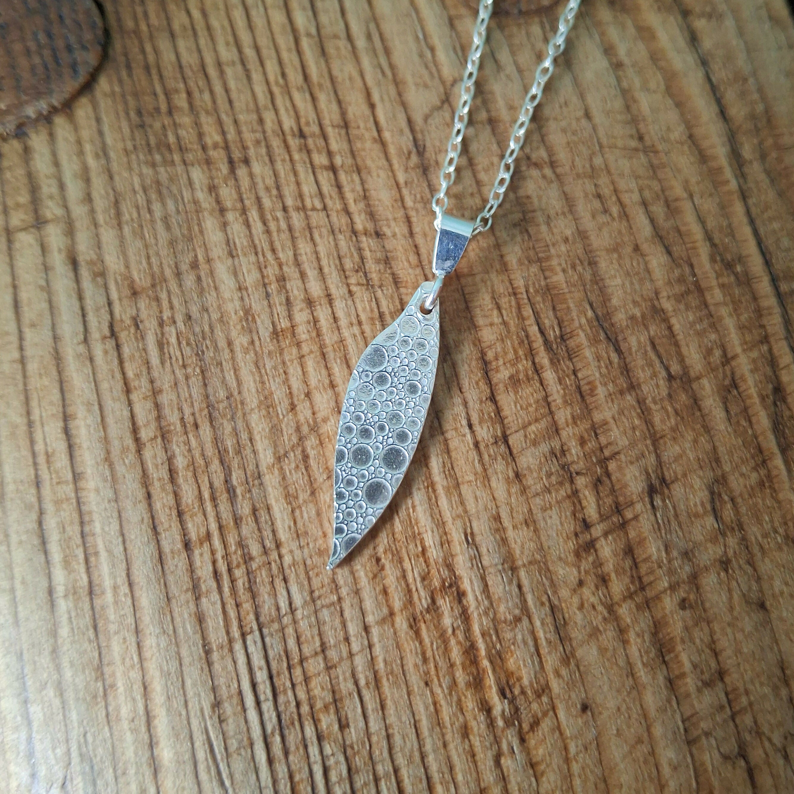 Handmade Silver Drop Leaf Necklace Bubble Texture