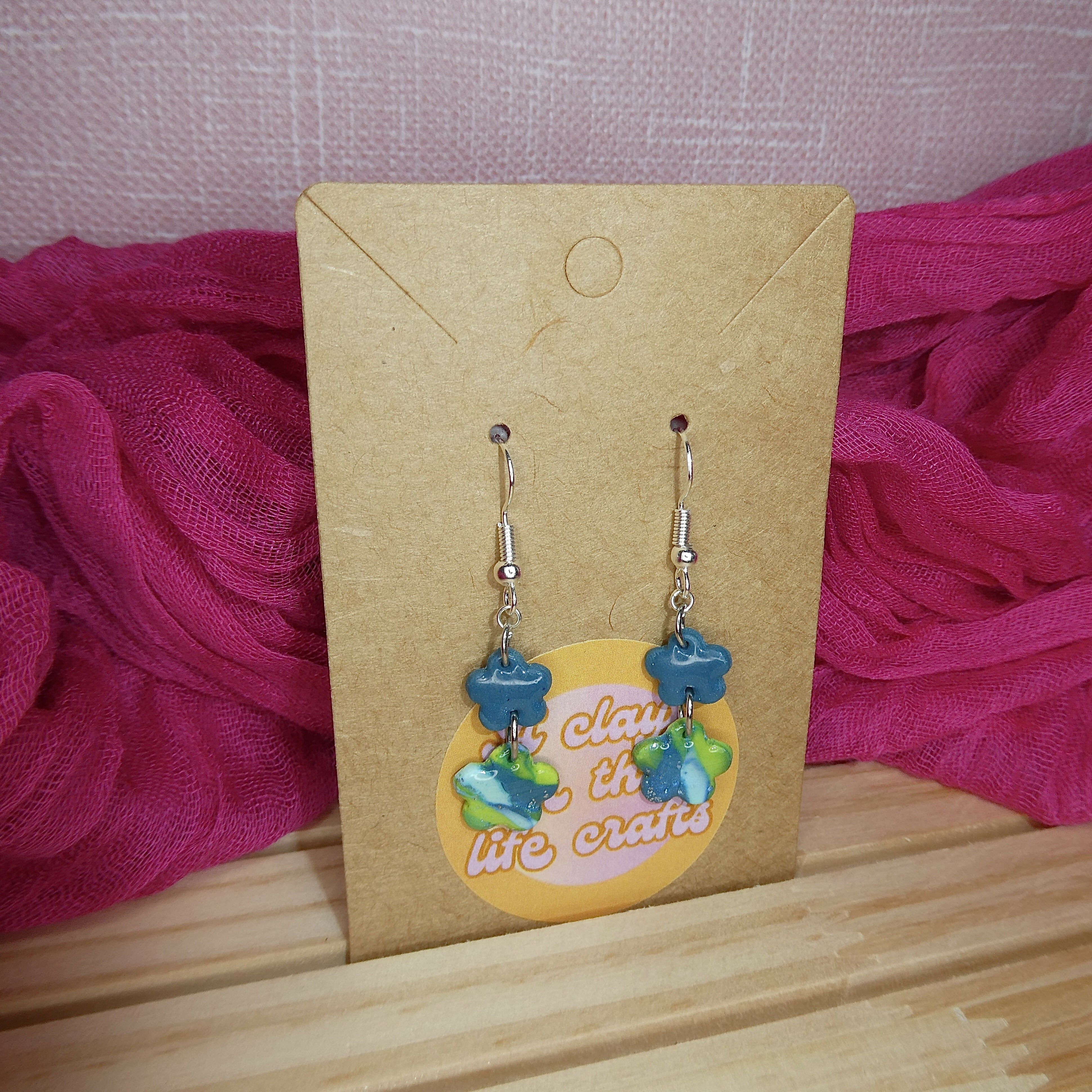 Tiny Blue And Green Floral Dangly Polymer Clay Earrings
